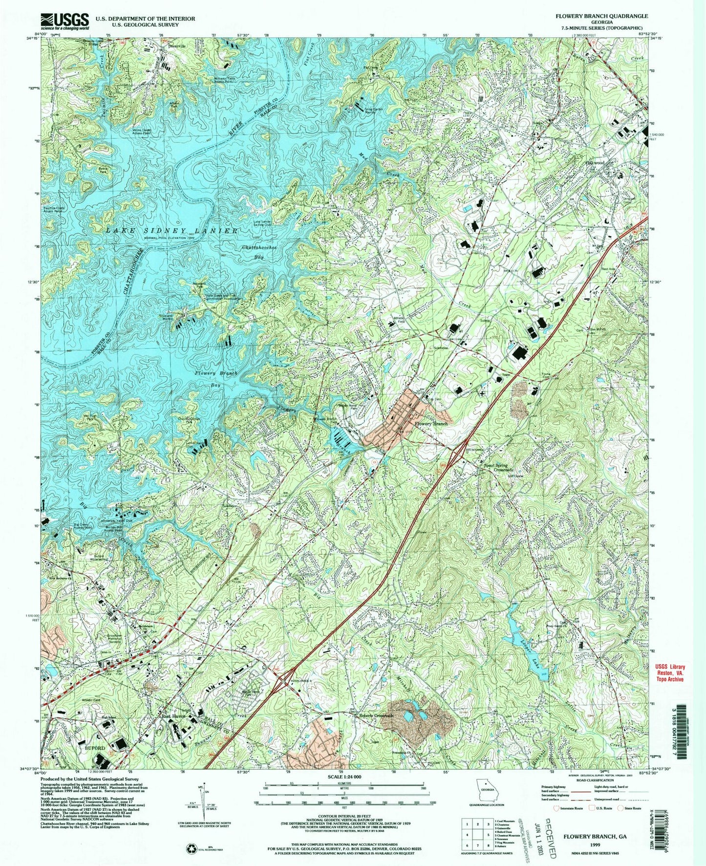 Classic USGS Flowery Branch Georgia 7.5'x7.5' Topo Map Image
