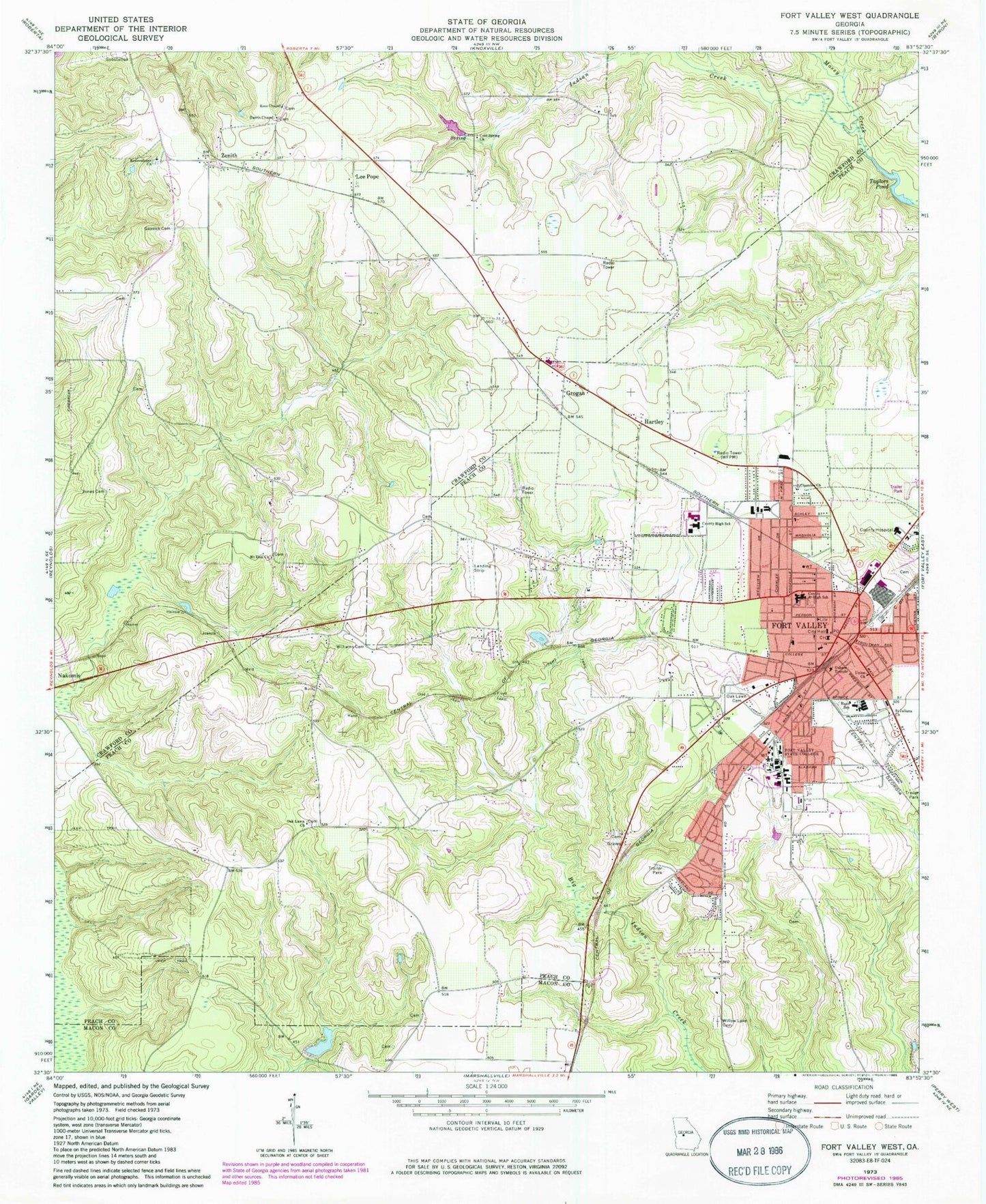 Classic USGS Fort Valley West Georgia 7.5'x7.5' Topo Map Image