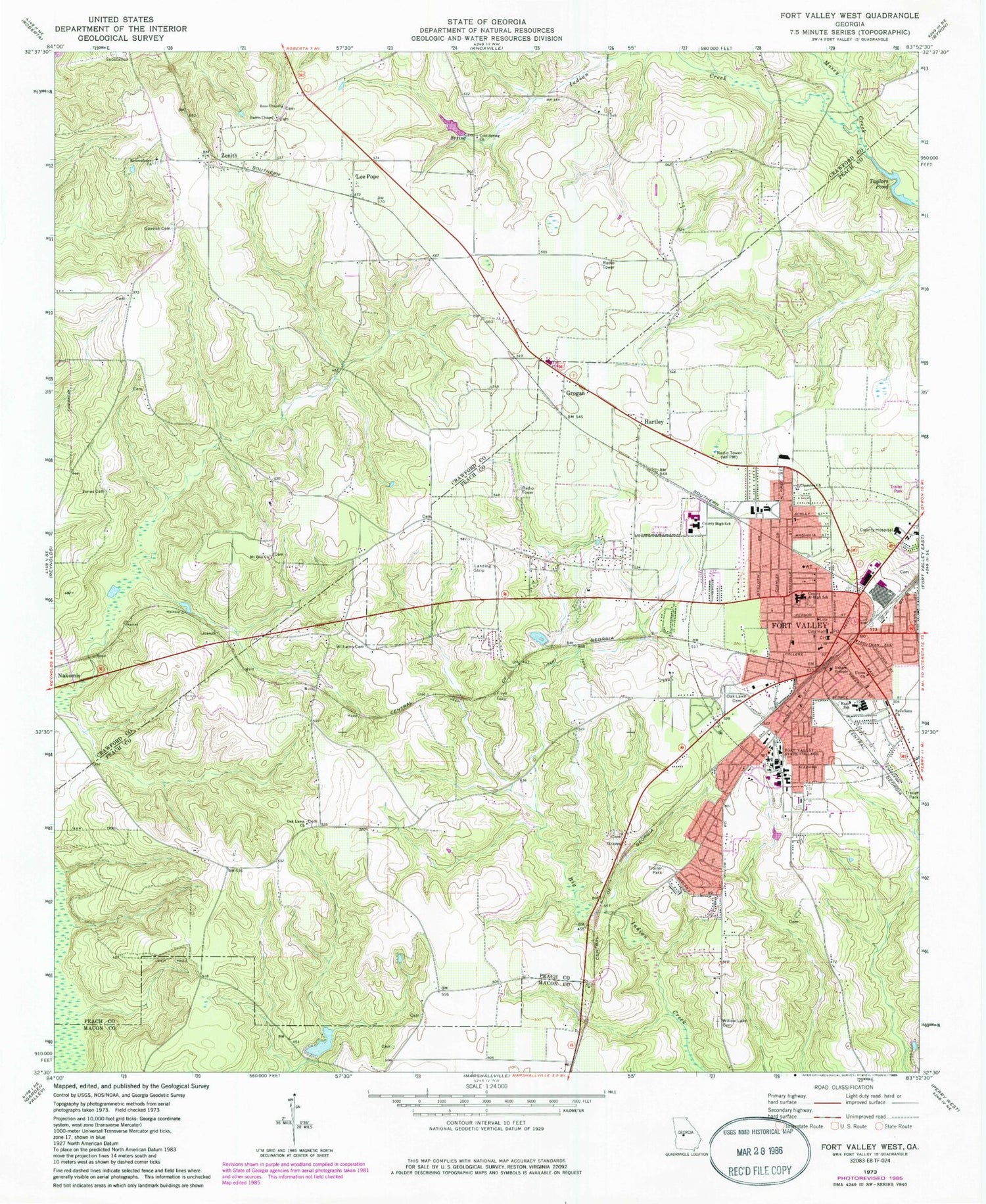 Classic USGS Fort Valley West Georgia 7.5'x7.5' Topo Map Image