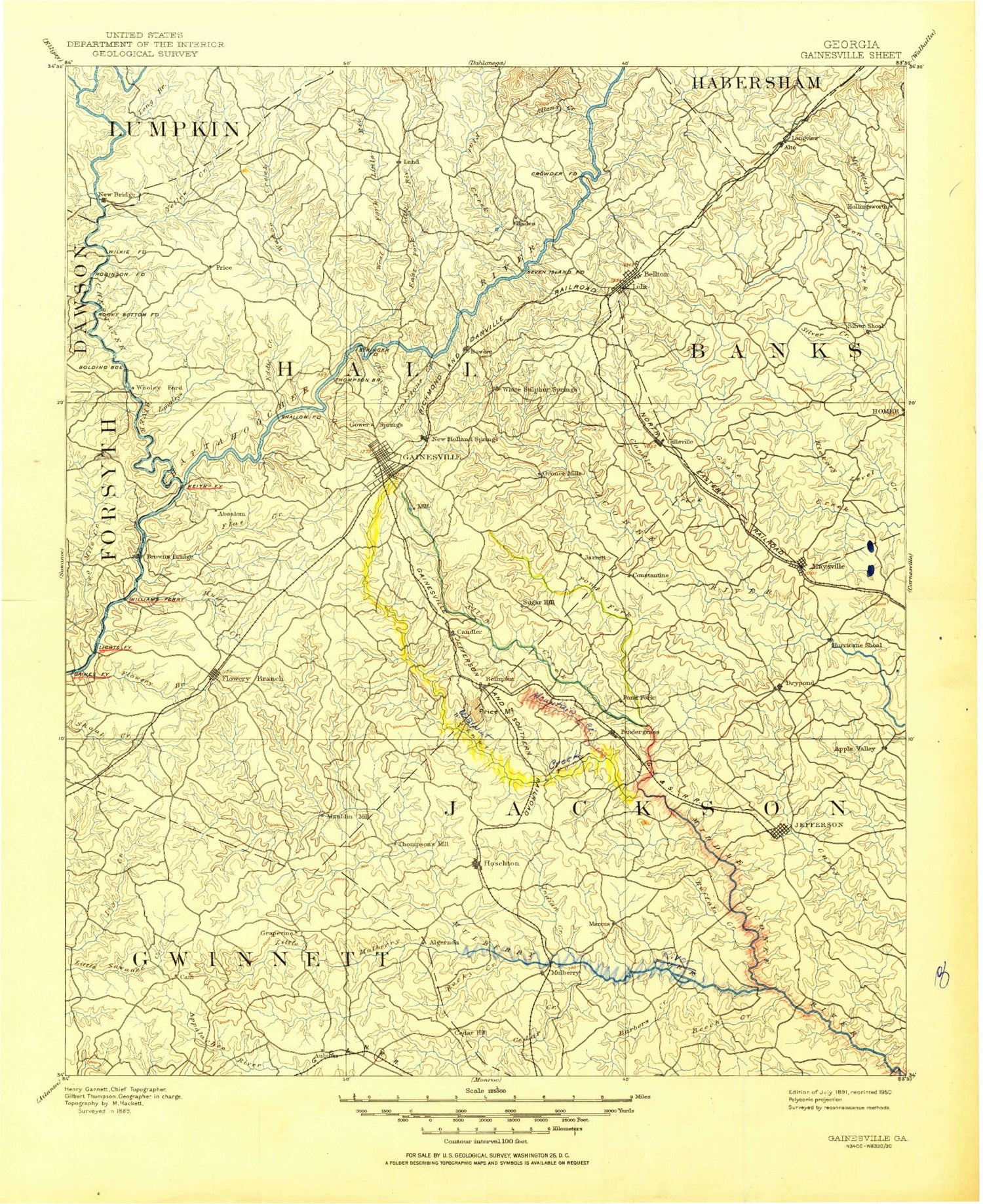 Historic 1891 Gainesville Georgia 30'x30' Topo Map Image