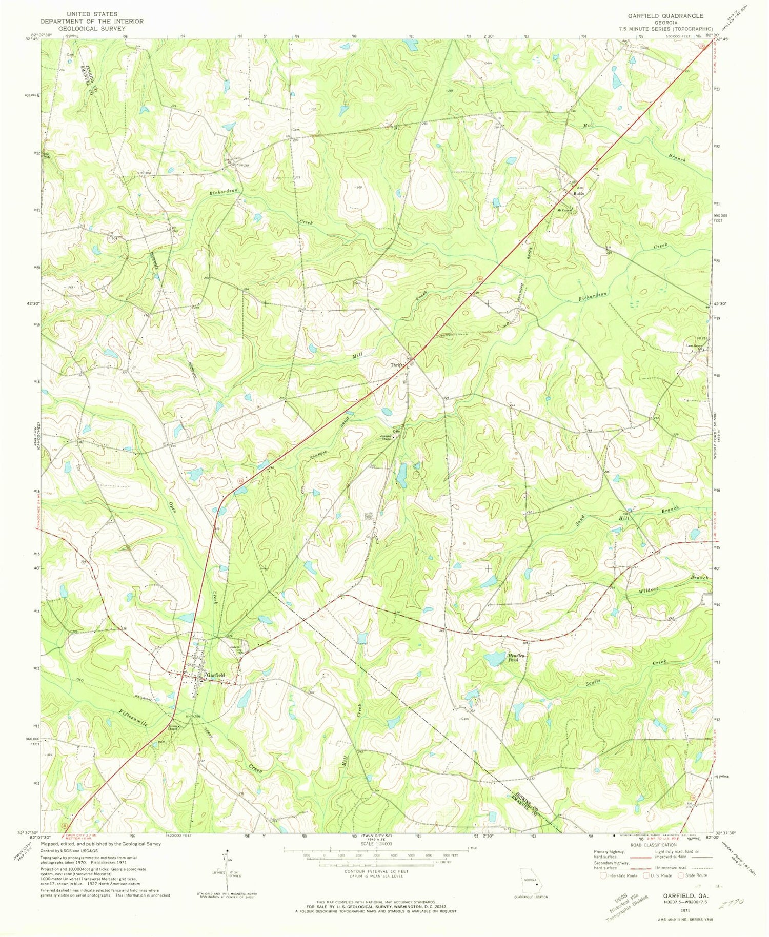Classic USGS Garfield Georgia 7.5'x7.5' Topo Map Image