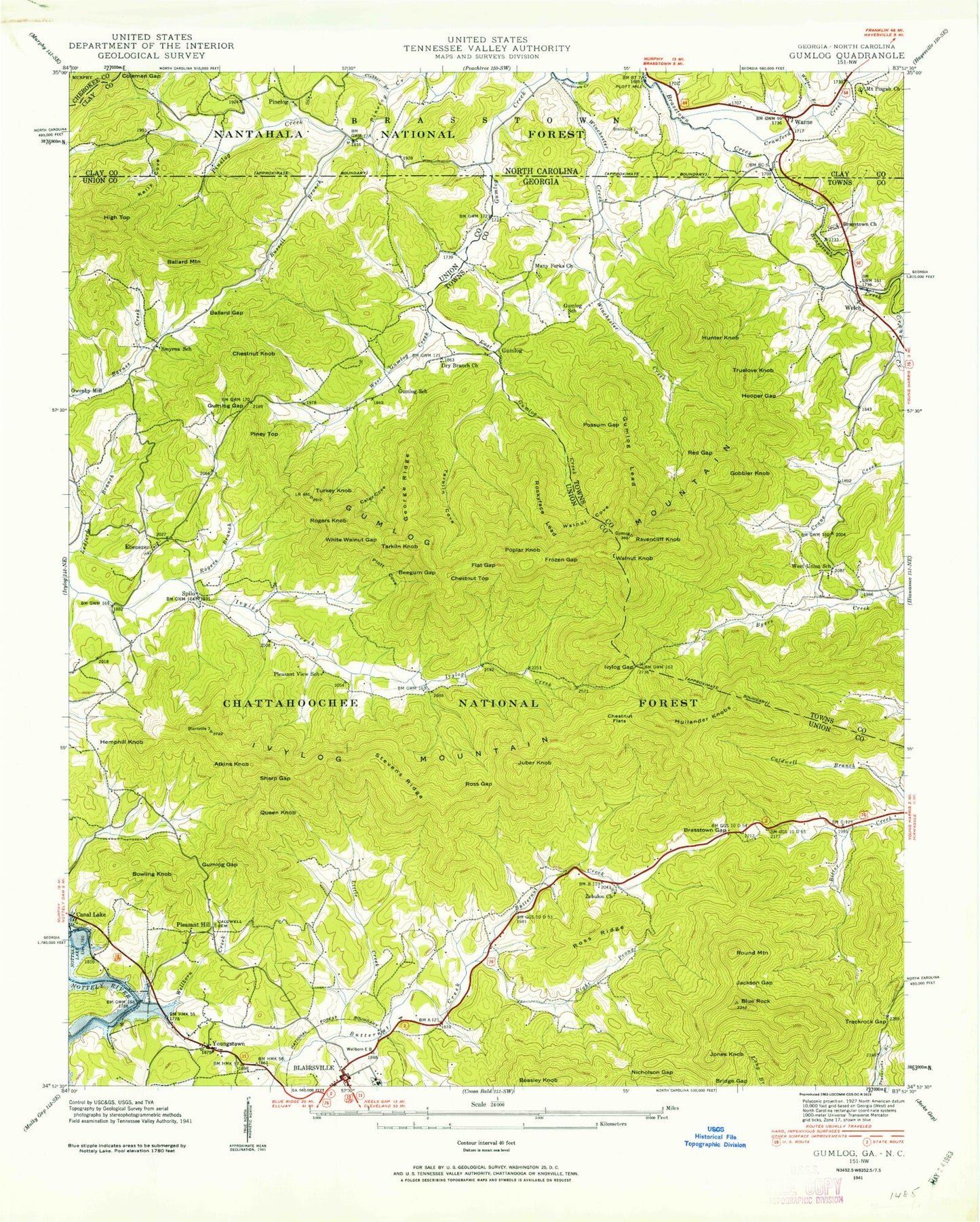 Classic USGS Blairsville Georgia 7.5'x7.5' Topo Map Image