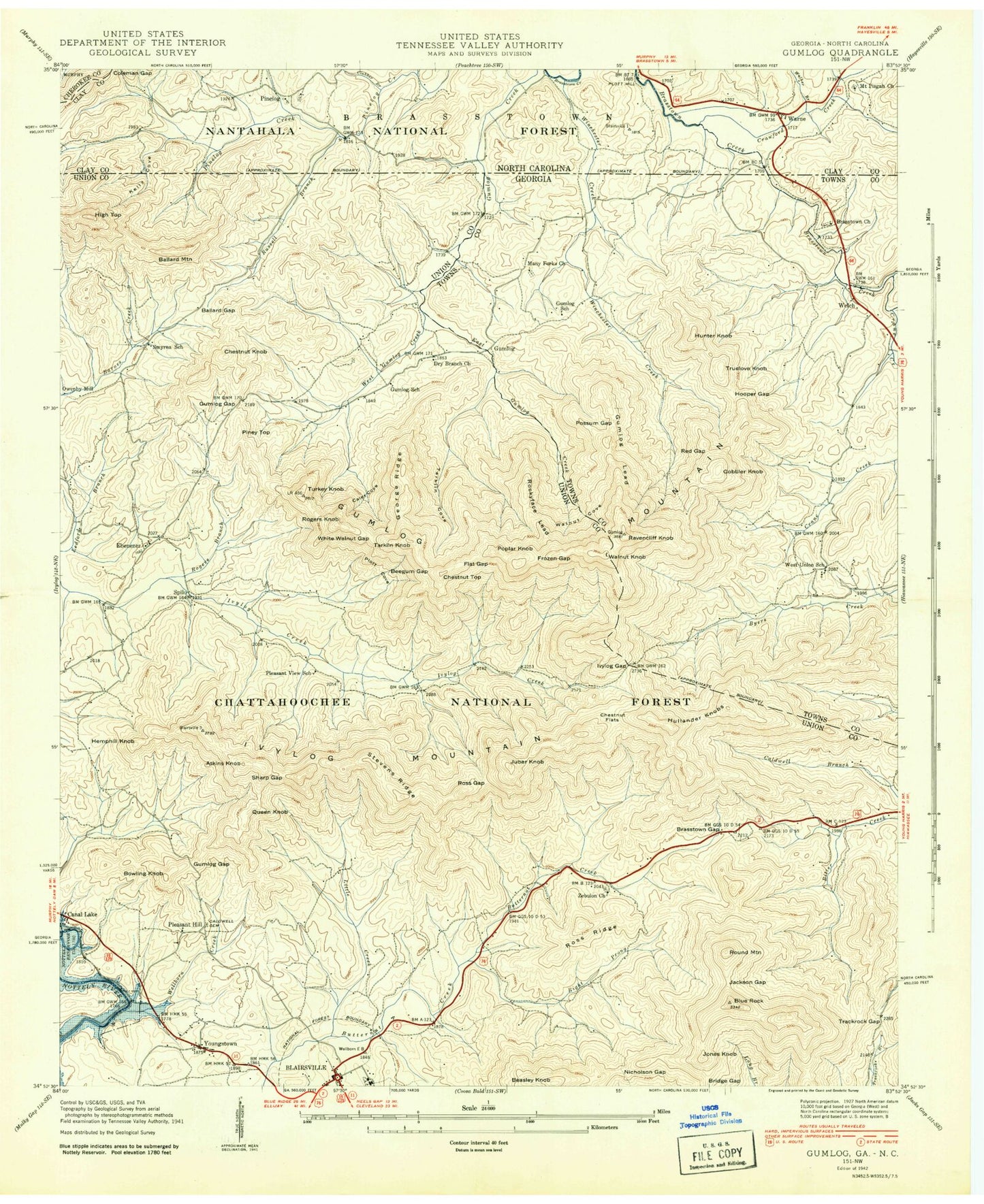 Classic USGS Blairsville Georgia 7.5'x7.5' Topo Map Image