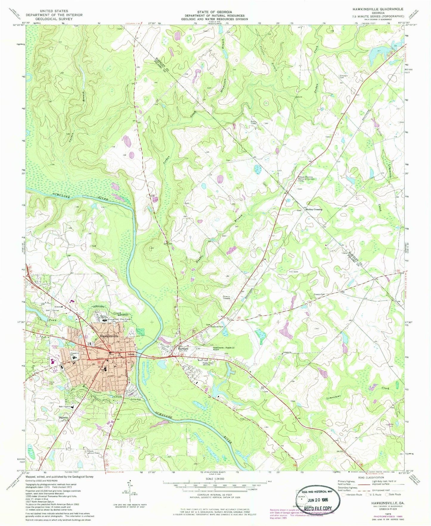 Classic USGS Hawkinsville Georgia 7.5'x7.5' Topo Map Image