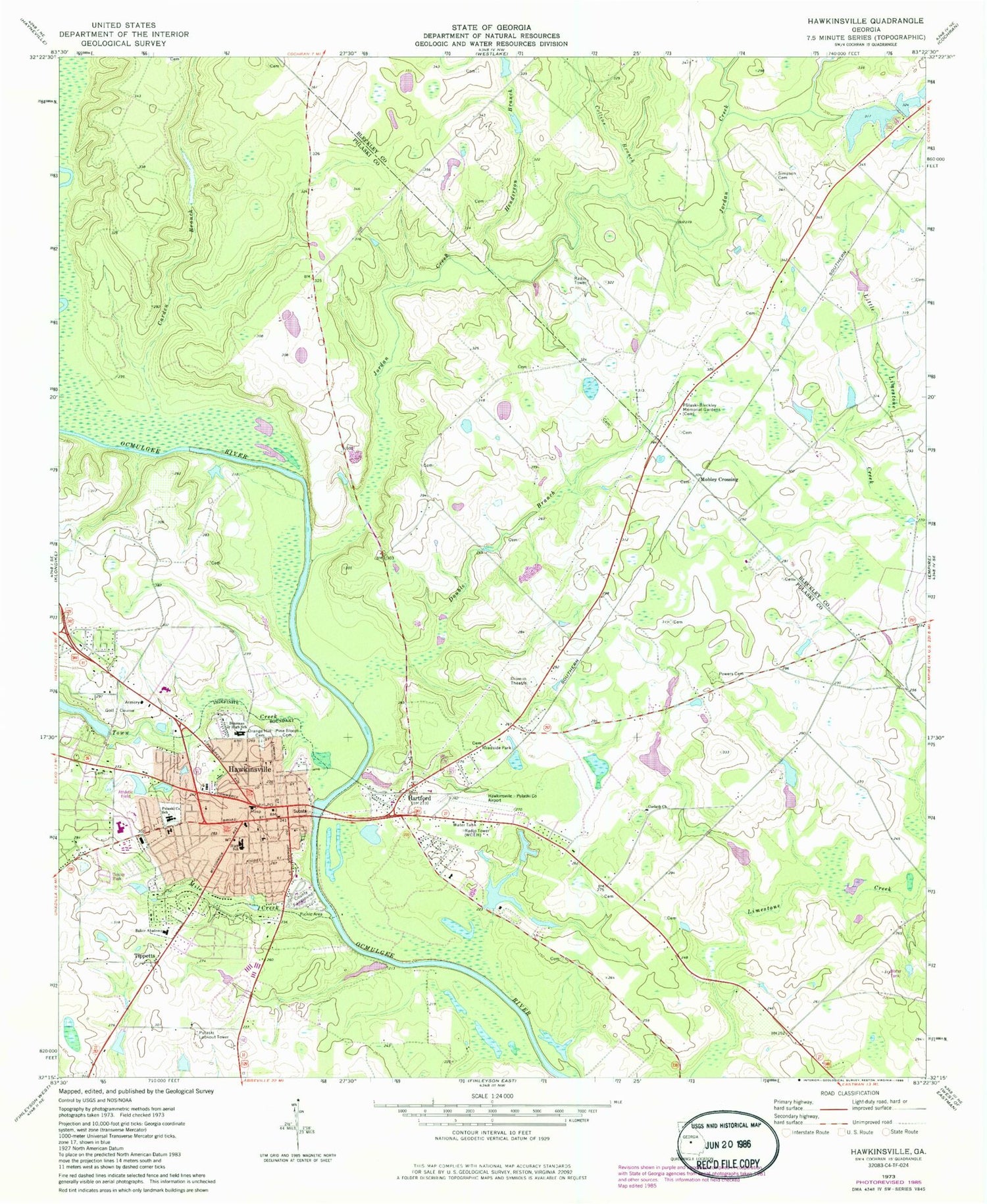 Classic USGS Hawkinsville Georgia 7.5'x7.5' Topo Map Image