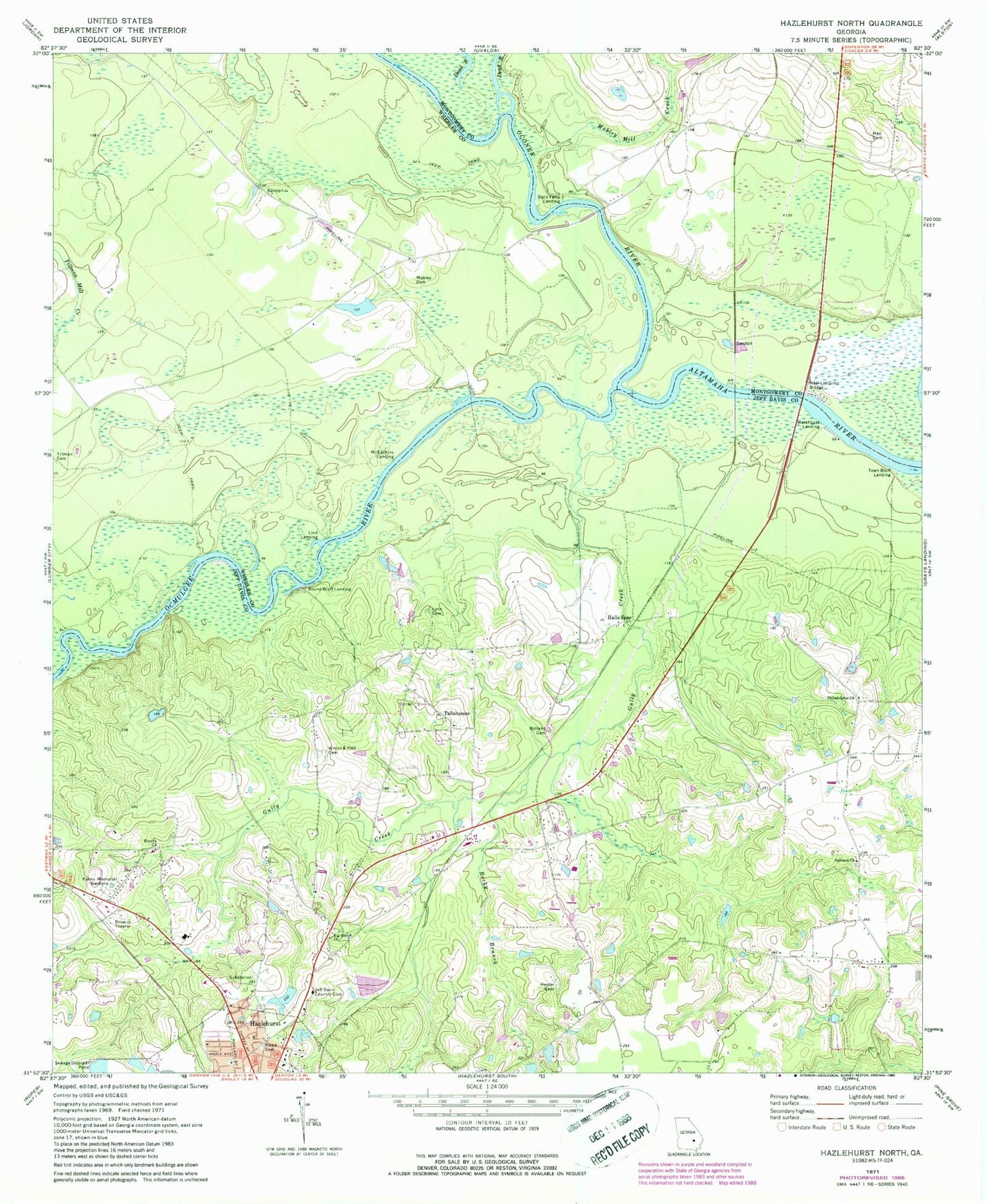 Classic USGS Hazlehurst North Georgia 7.5'x7.5' Topo Map Image