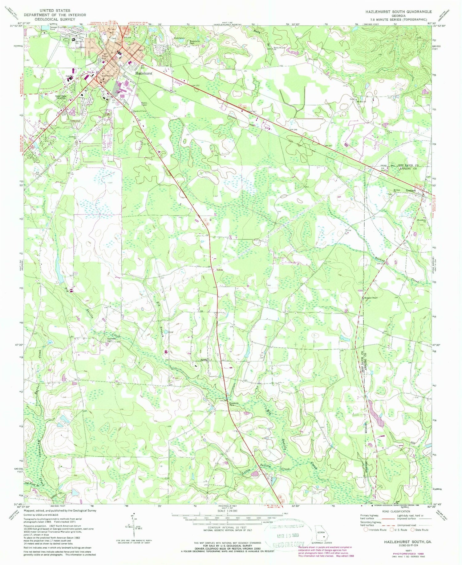 Classic USGS Hazlehurst South Georgia 7.5'x7.5' Topo Map Image