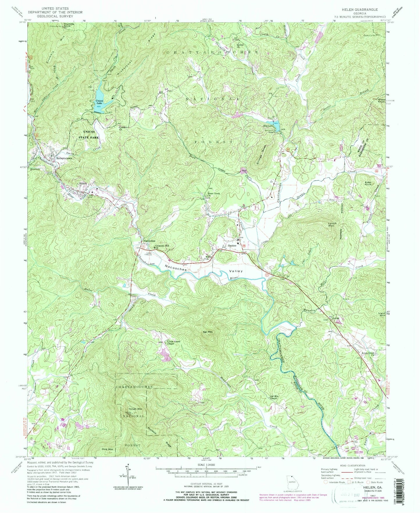Classic USGS Helen Georgia 7.5'x7.5' Topo Map Image