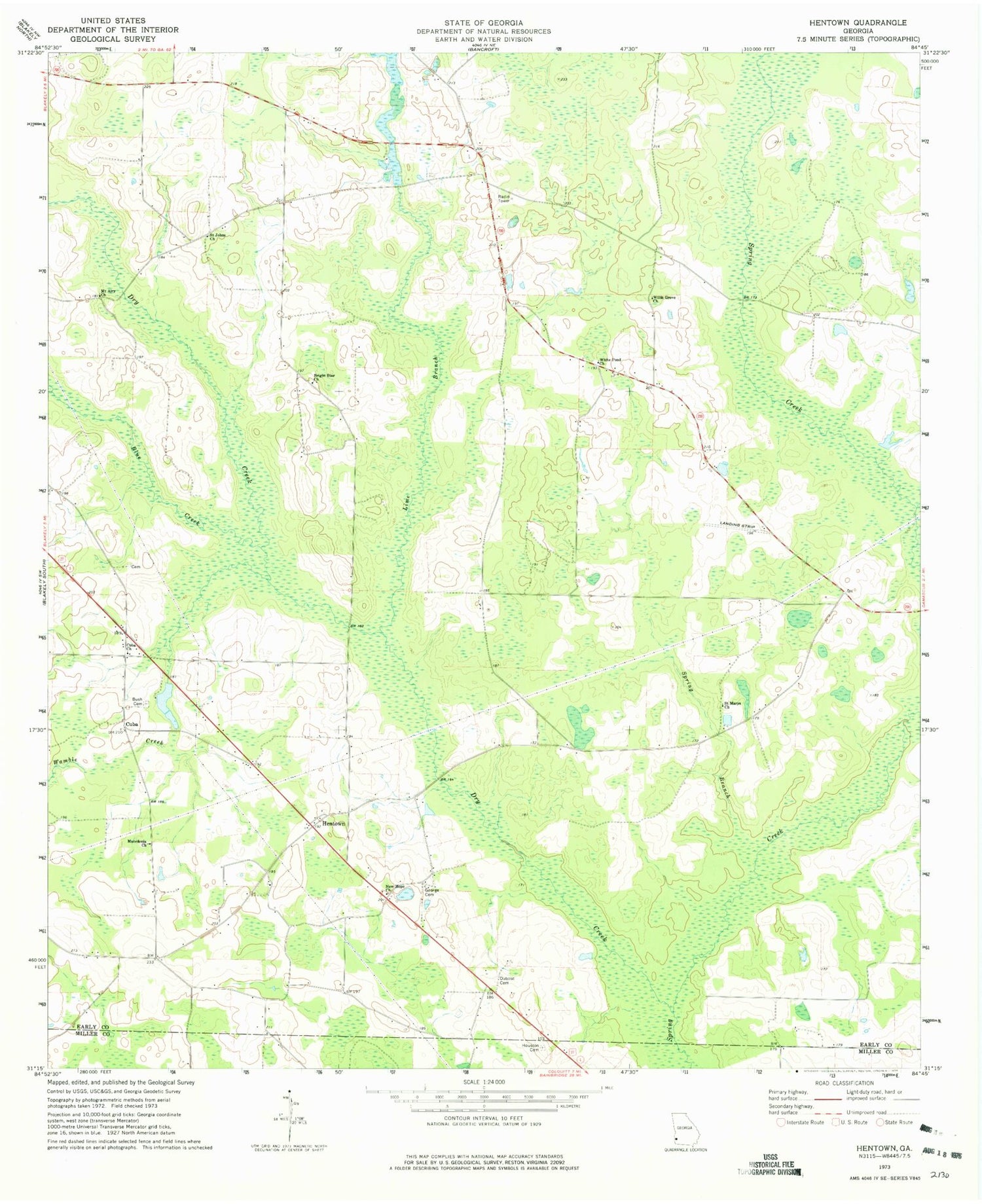 Classic USGS Hentown Georgia 7.5'x7.5' Topo Map Image