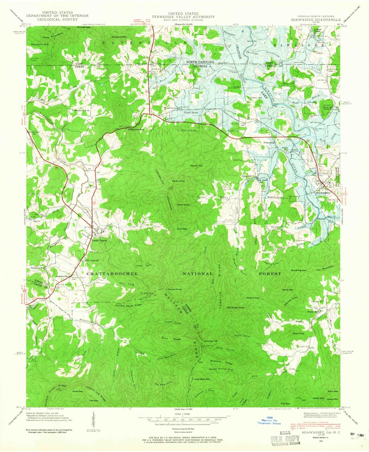 Classic USGS Hiawassee Georgia 7.5'x7.5' Topo Map Image