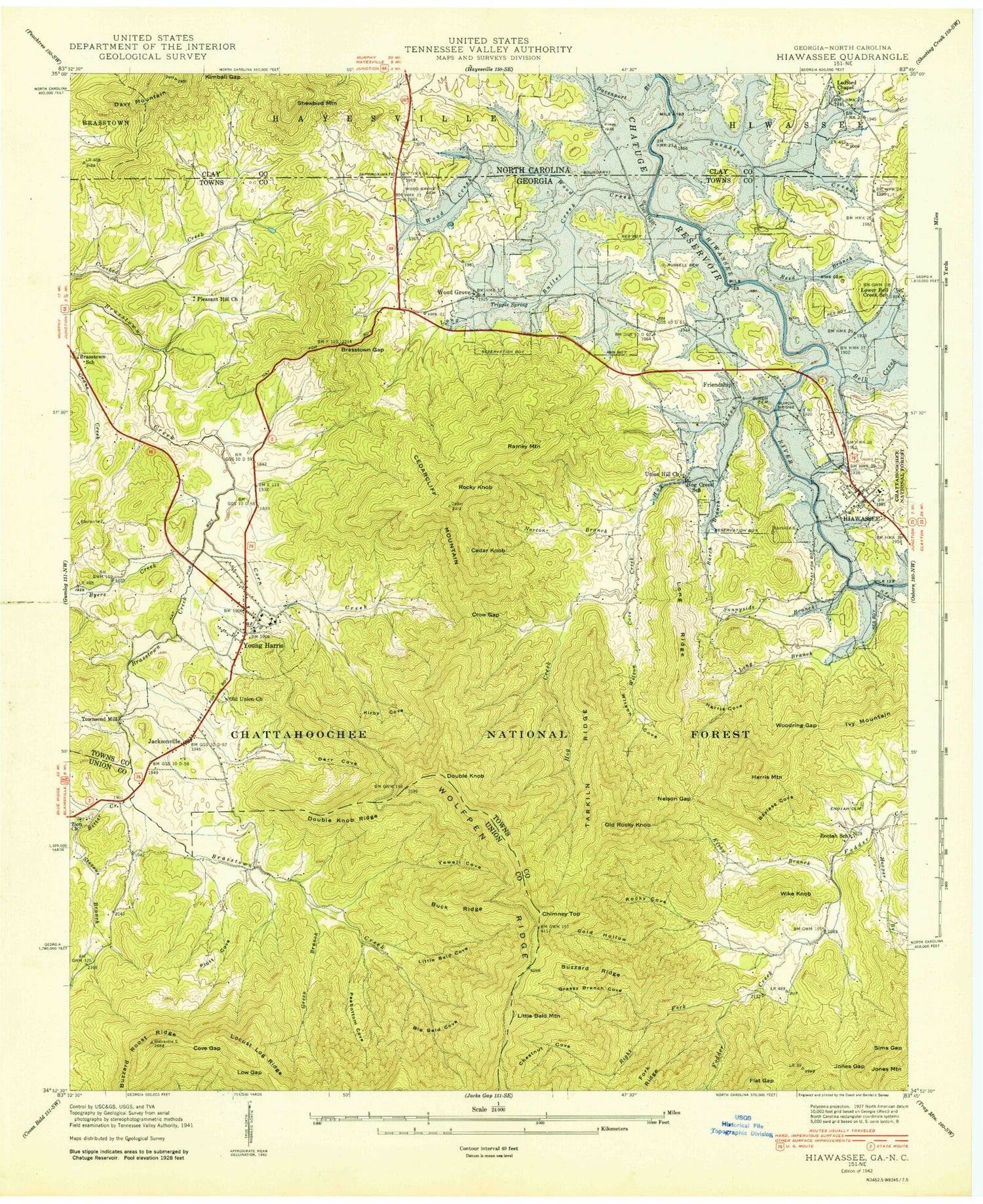 Classic USGS Hiawassee Georgia 7.5'x7.5' Topo Map Image