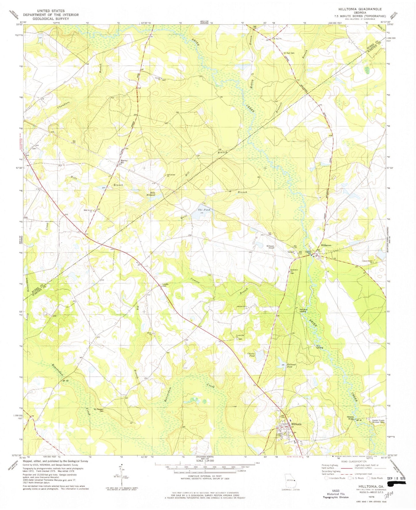 Classic USGS Hilltonia Georgia 7.5'x7.5' Topo Map Image