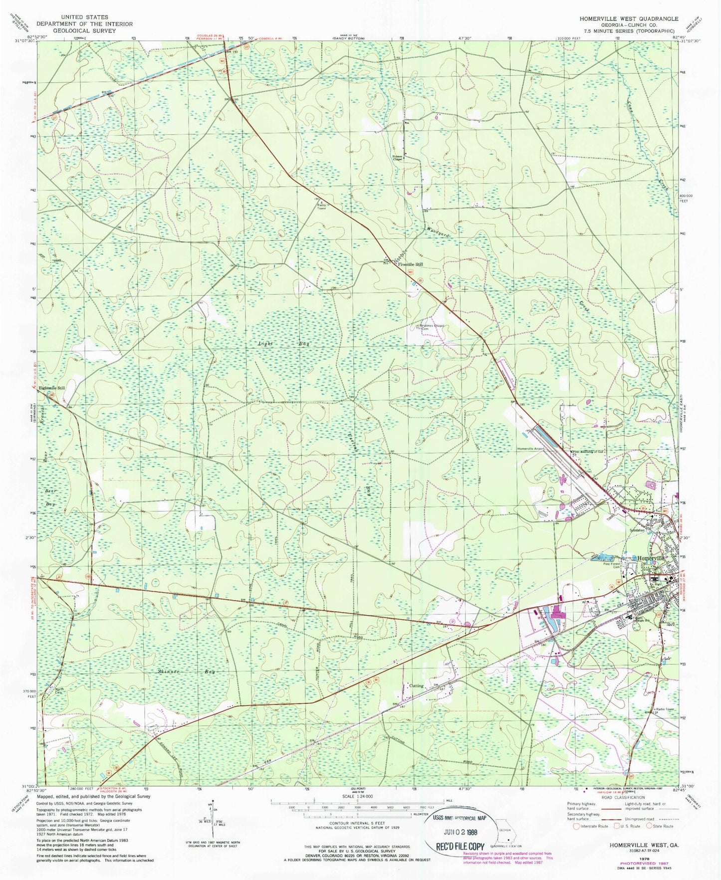 Classic USGS Homerville West Georgia 7.5'x7.5' Topo Map Image