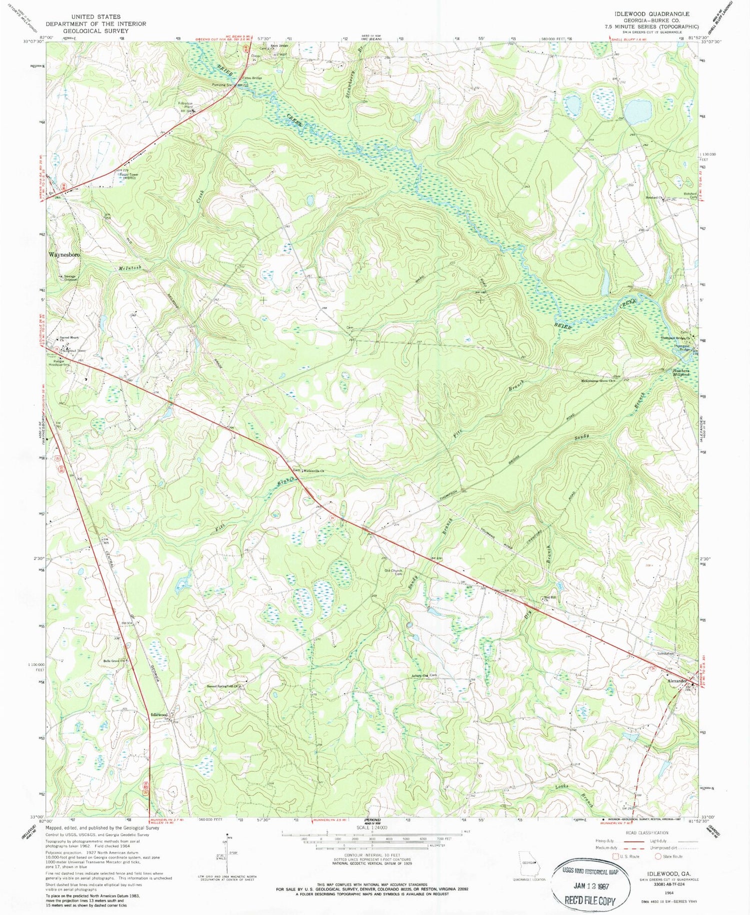 Classic USGS Idlewood Georgia 7.5'x7.5' Topo Map Image
