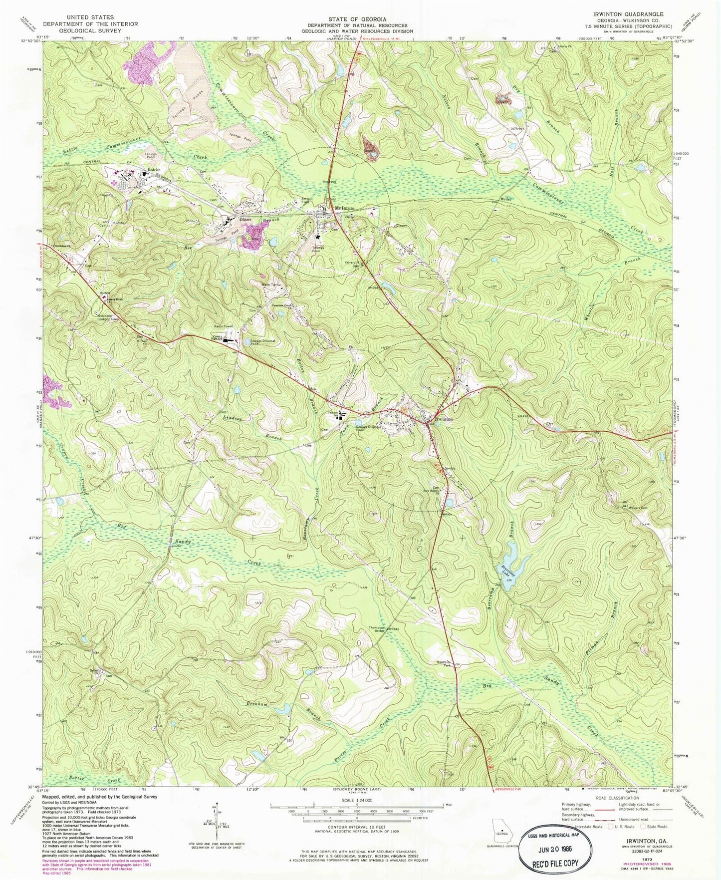 Classic USGS Irwinton Georgia 7.5'x7.5' Topo Map Image