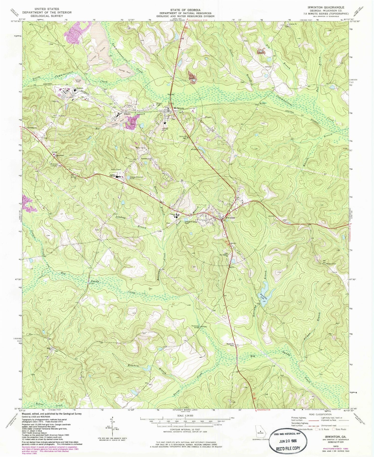 Classic USGS Irwinton Georgia 7.5'x7.5' Topo Map Image