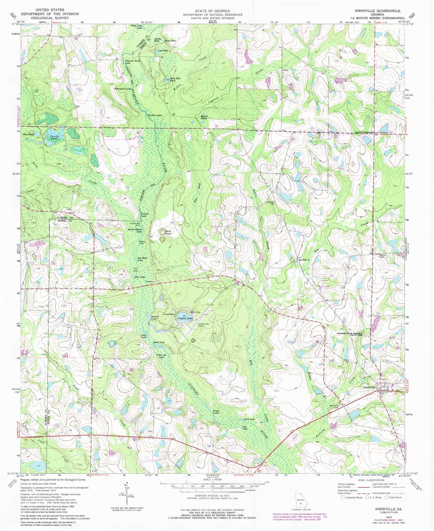 Classic USGS Irwinville Georgia 7.5'x7.5' Topo Map Image