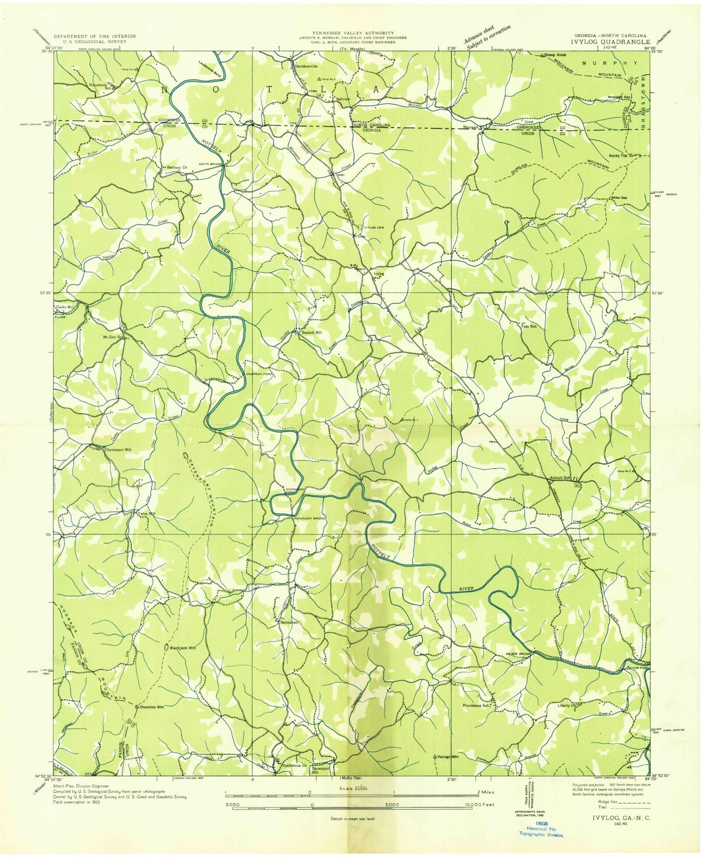 Classic USGS Nottely Dam Georgia 7.5'x7.5' Topo Map Image