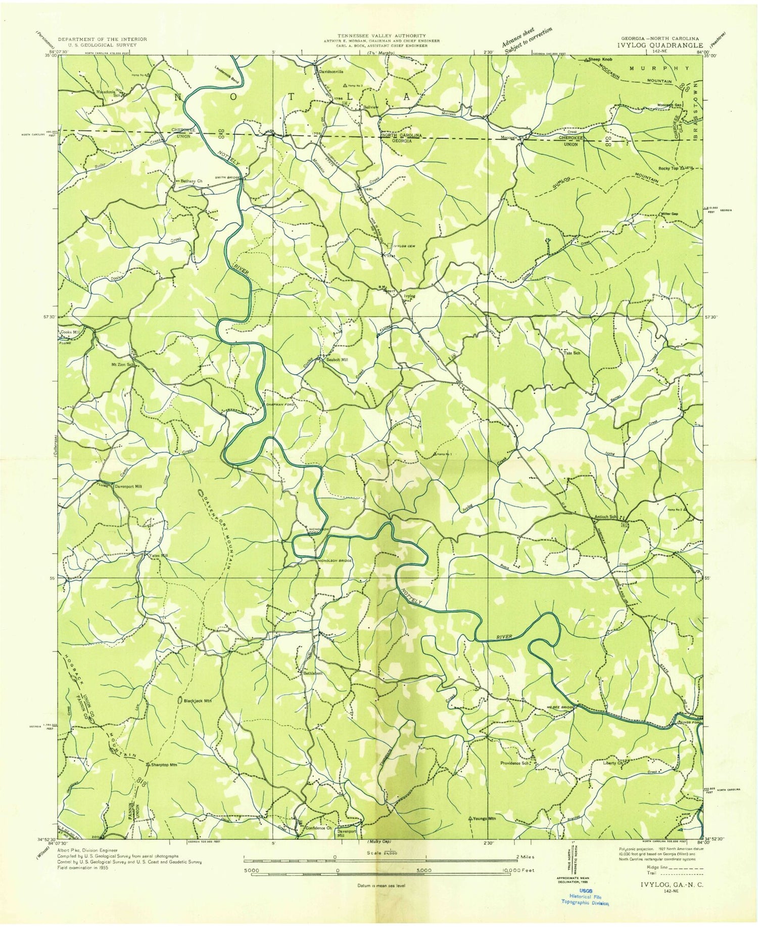 Classic USGS Nottely Dam Georgia 7.5'x7.5' Topo Map Image
