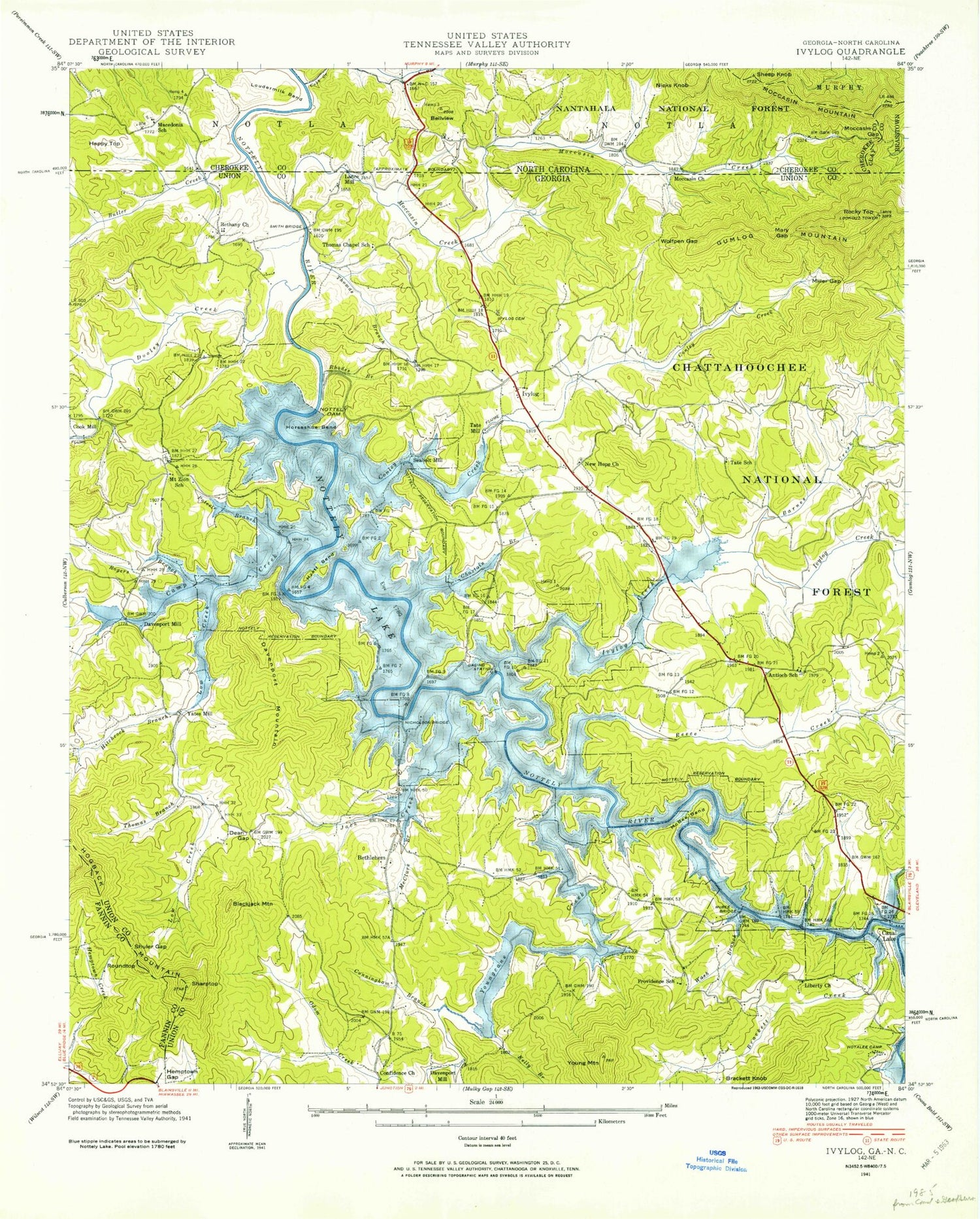 Classic USGS Nottely Dam Georgia 7.5'x7.5' Topo Map Image