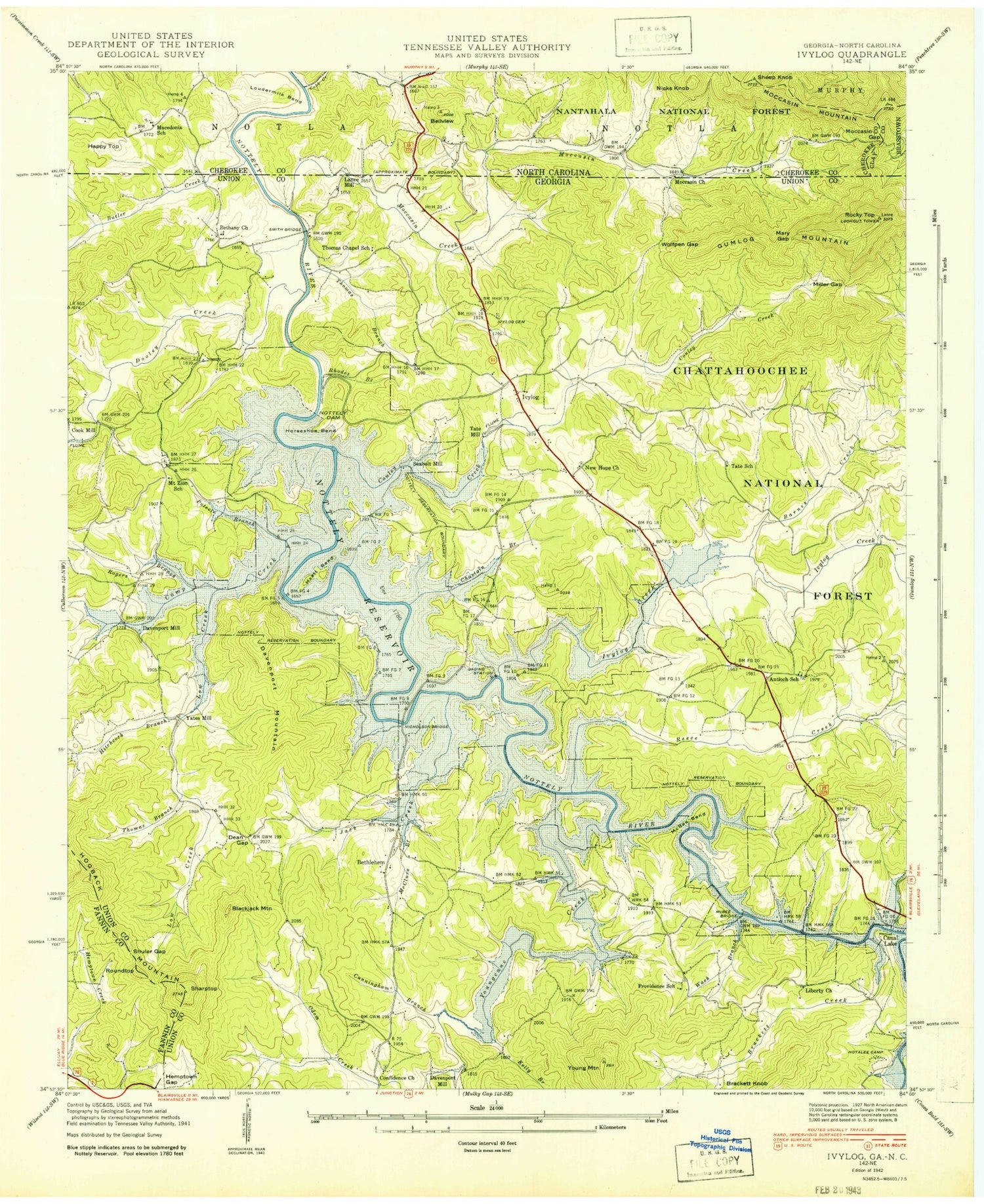Classic USGS Nottely Dam Georgia 7.5'x7.5' Topo Map Image