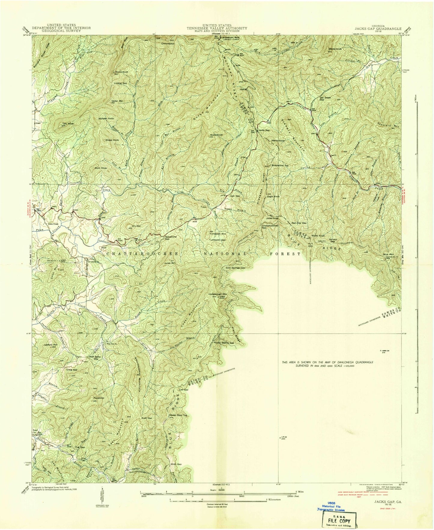Classic USGS Jacks Gap Georgia 7.5'x7.5' Topo Map Image