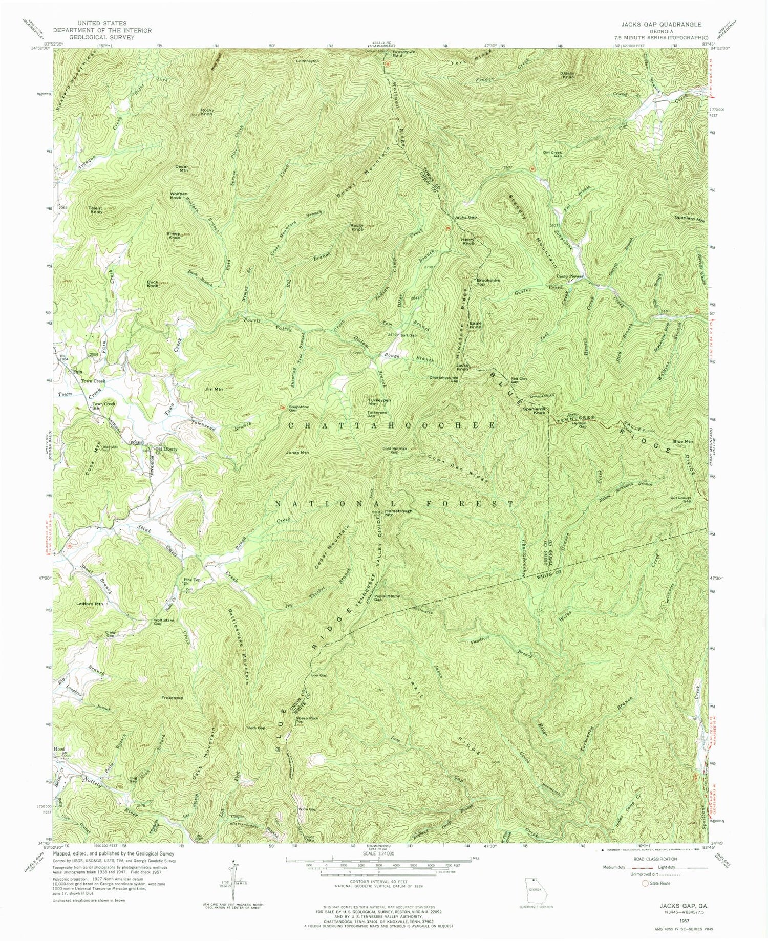 Classic USGS Jacks Gap Georgia 7.5'x7.5' Topo Map Image