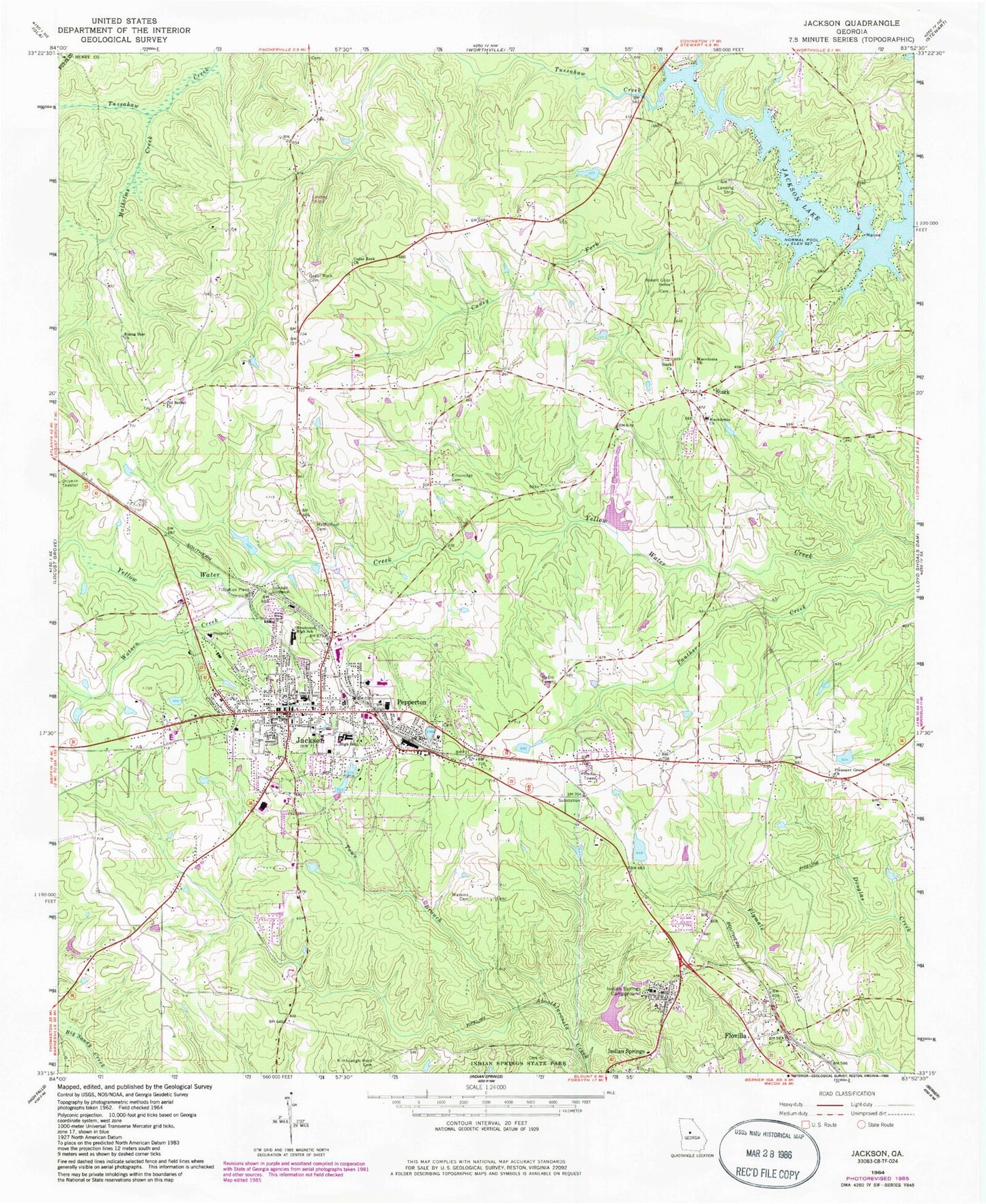 Classic USGS Jackson Georgia 7.5'x7.5' Topo Map Image