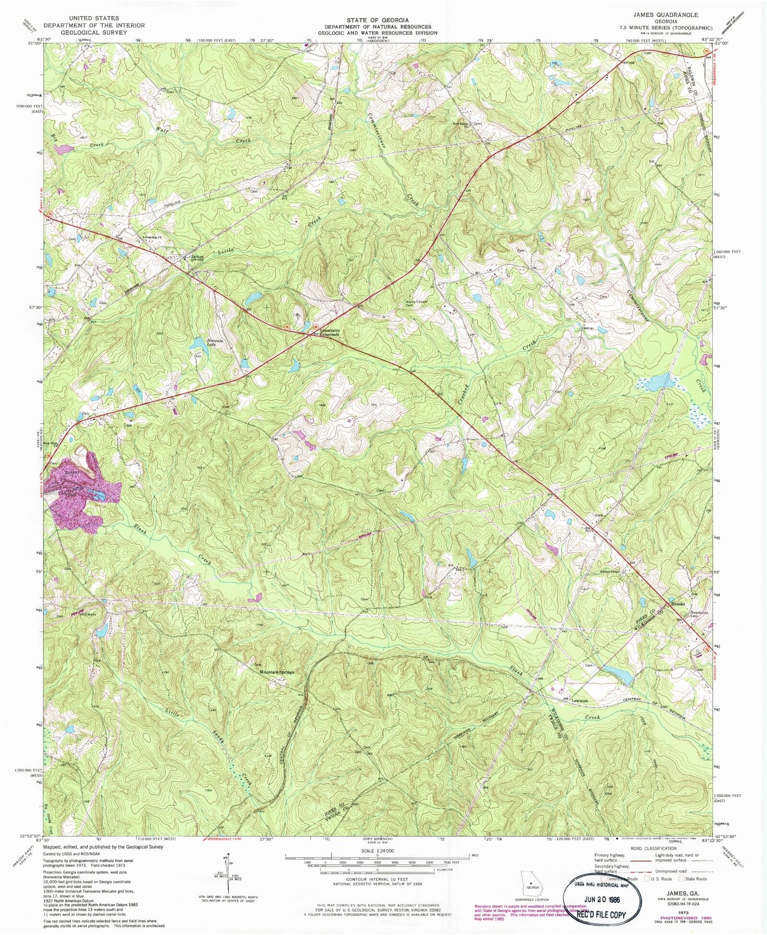 Classic USGS James Georgia 7.5'x7.5' Topo Map Image