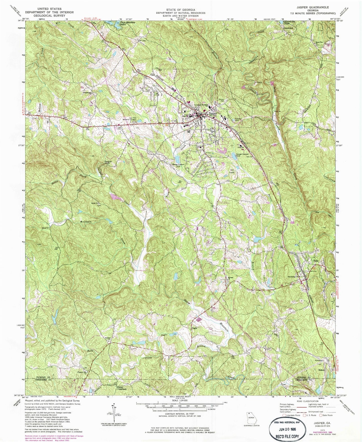 Classic USGS Jasper Georgia 7.5'x7.5' Topo Map Image