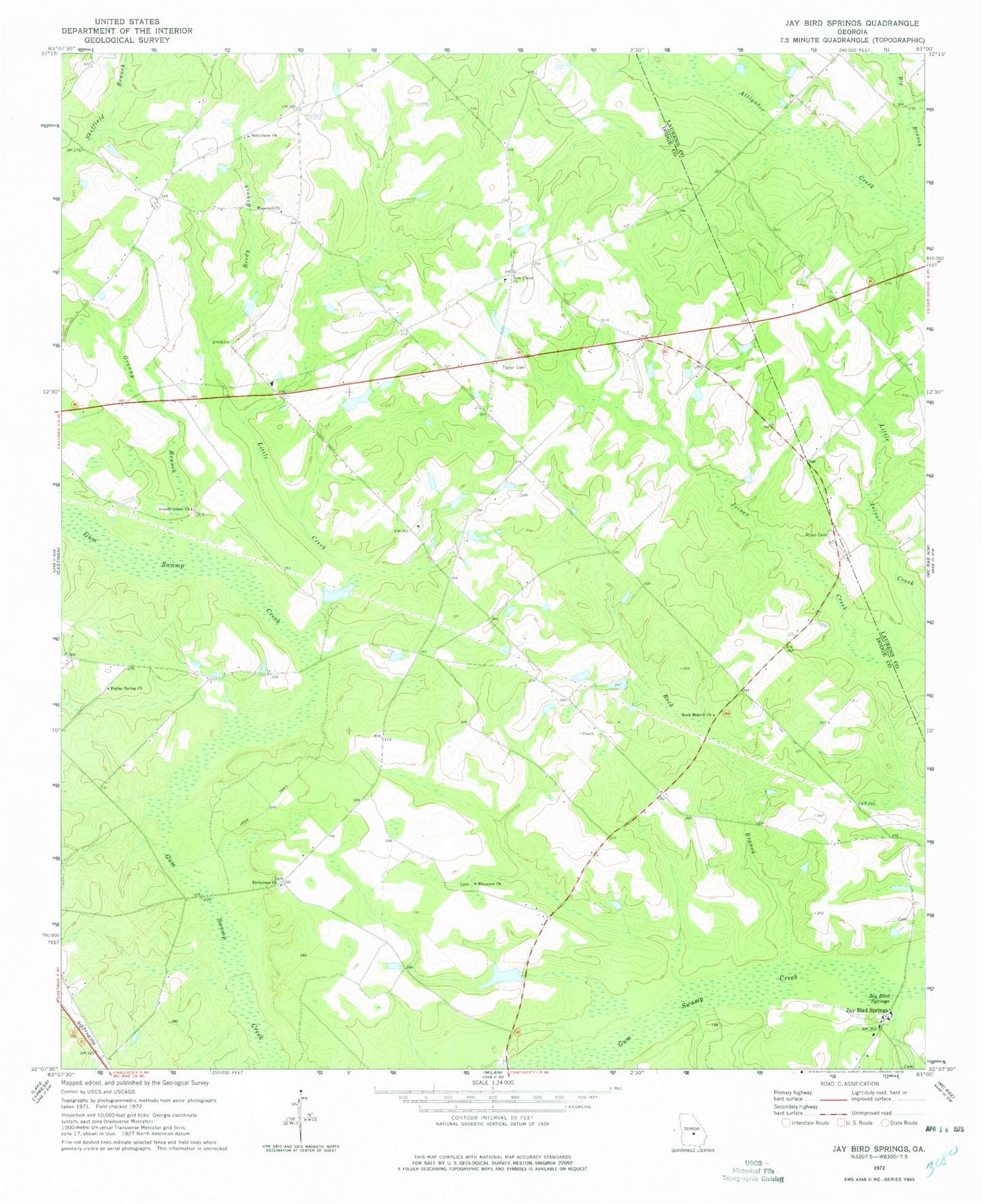 Classic USGS Jay Bird Springs Georgia 7.5'x7.5' Topo Map Image
