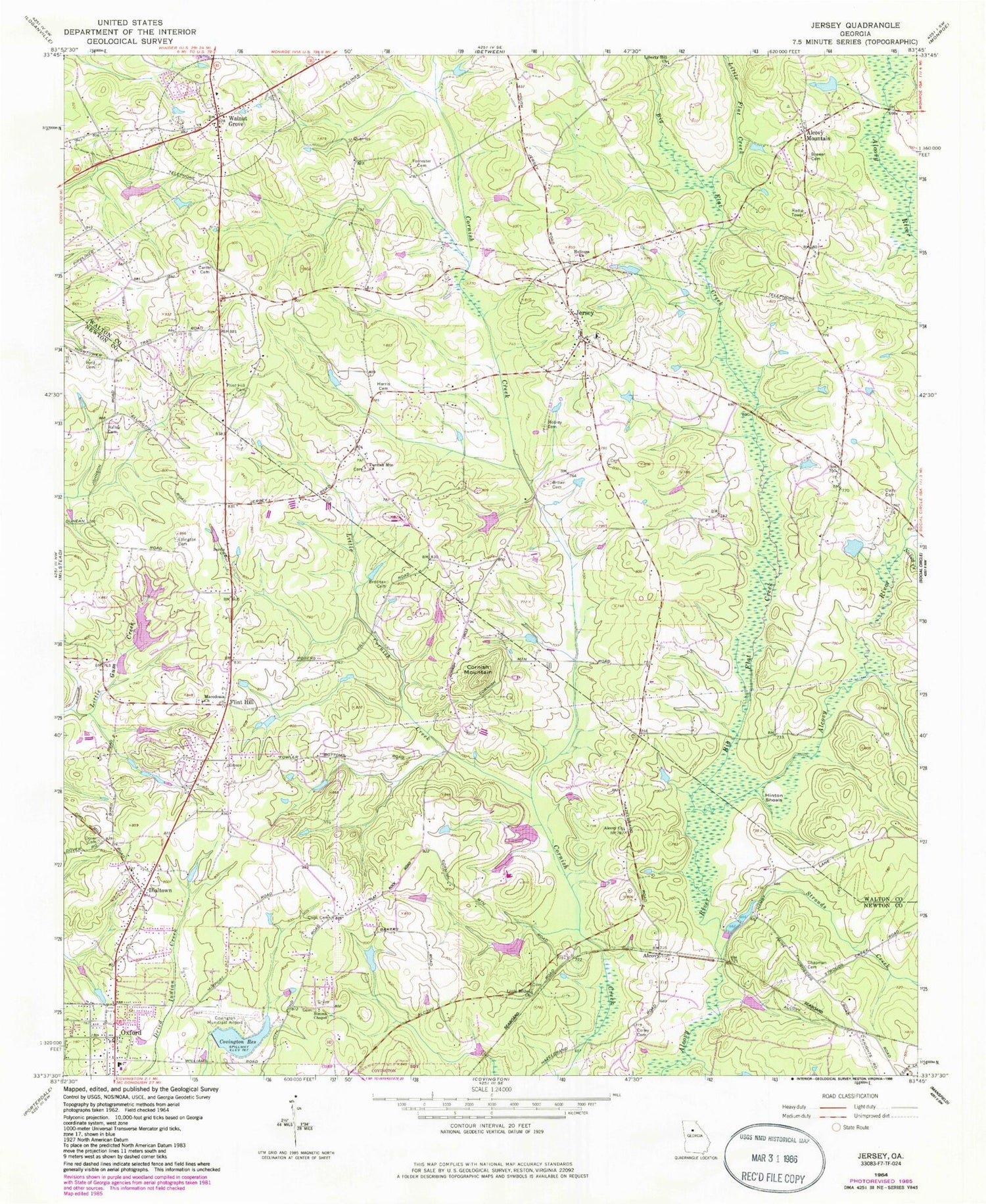 Classic USGS Jersey Georgia 7.5'x7.5' Topo Map Image