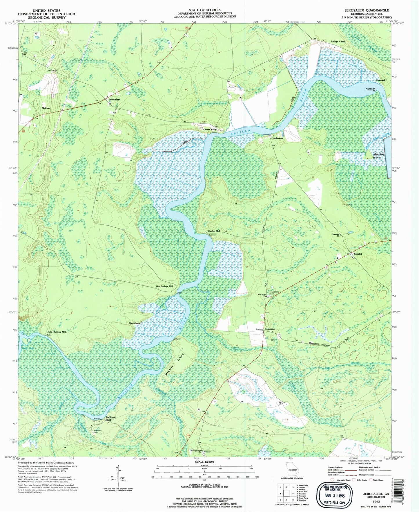 Classic USGS Jerusalem Georgia 7.5'x7.5' Topo Map Image
