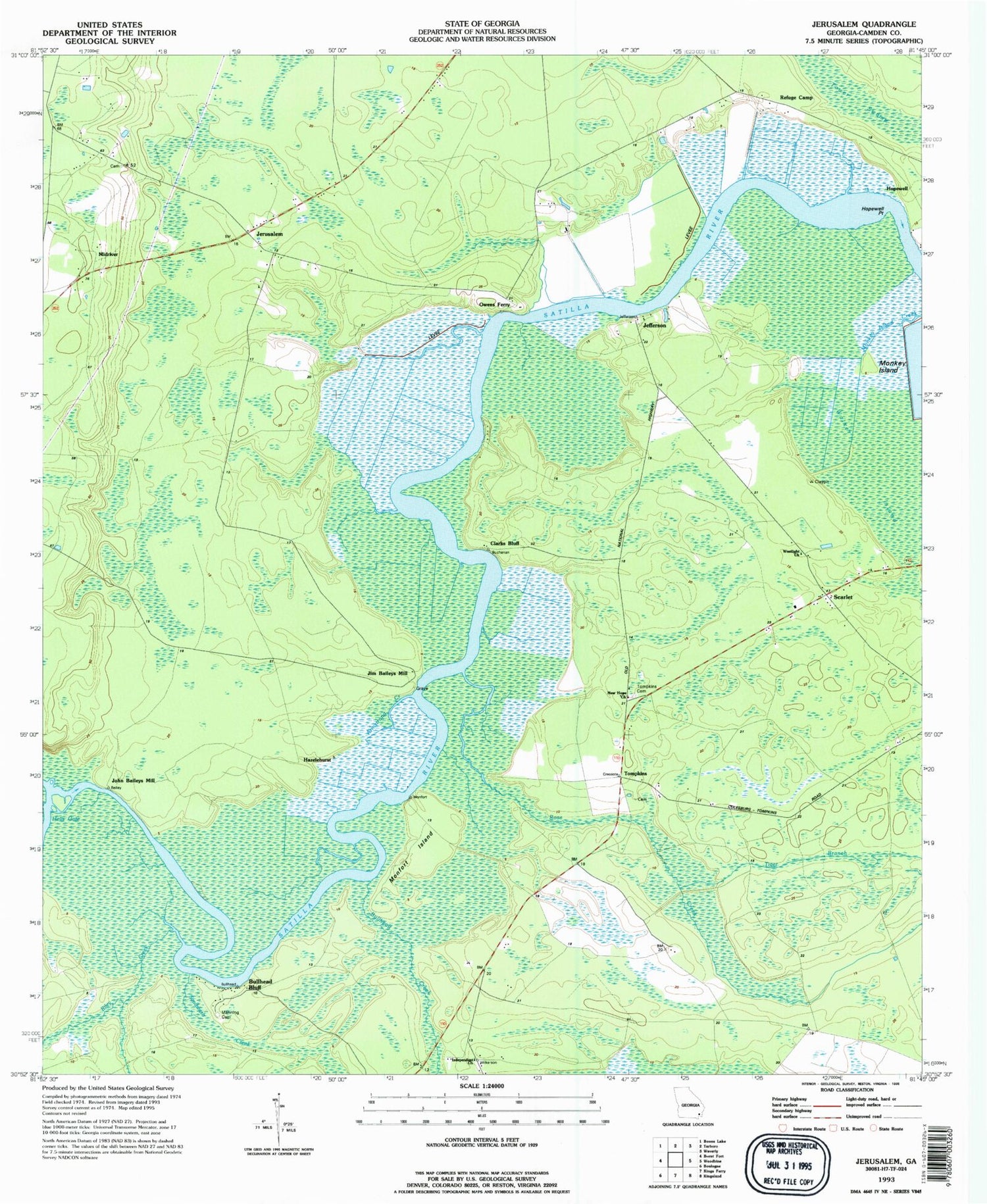 Classic USGS Jerusalem Georgia 7.5'x7.5' Topo Map Image