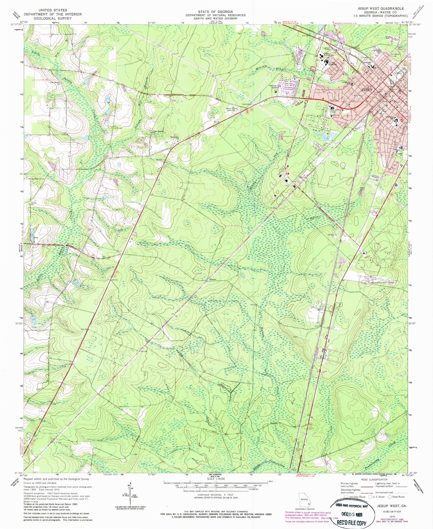 Classic USGS Jesup West Georgia 7.5'x7.5' Topo Map Image