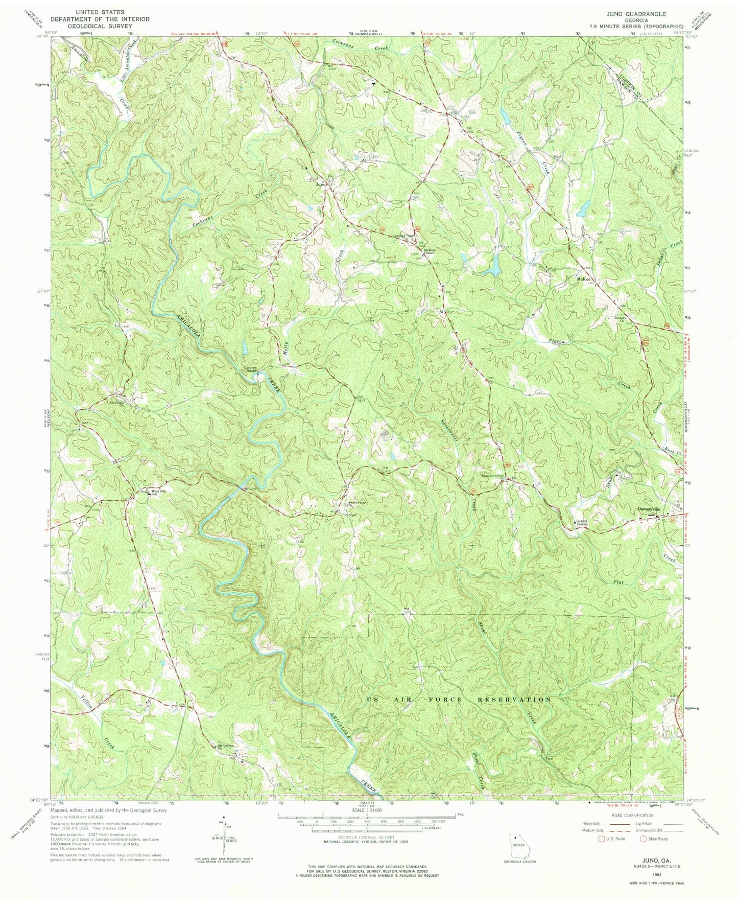 Classic USGS Juno Georgia 7.5'x7.5' Topo Map Image