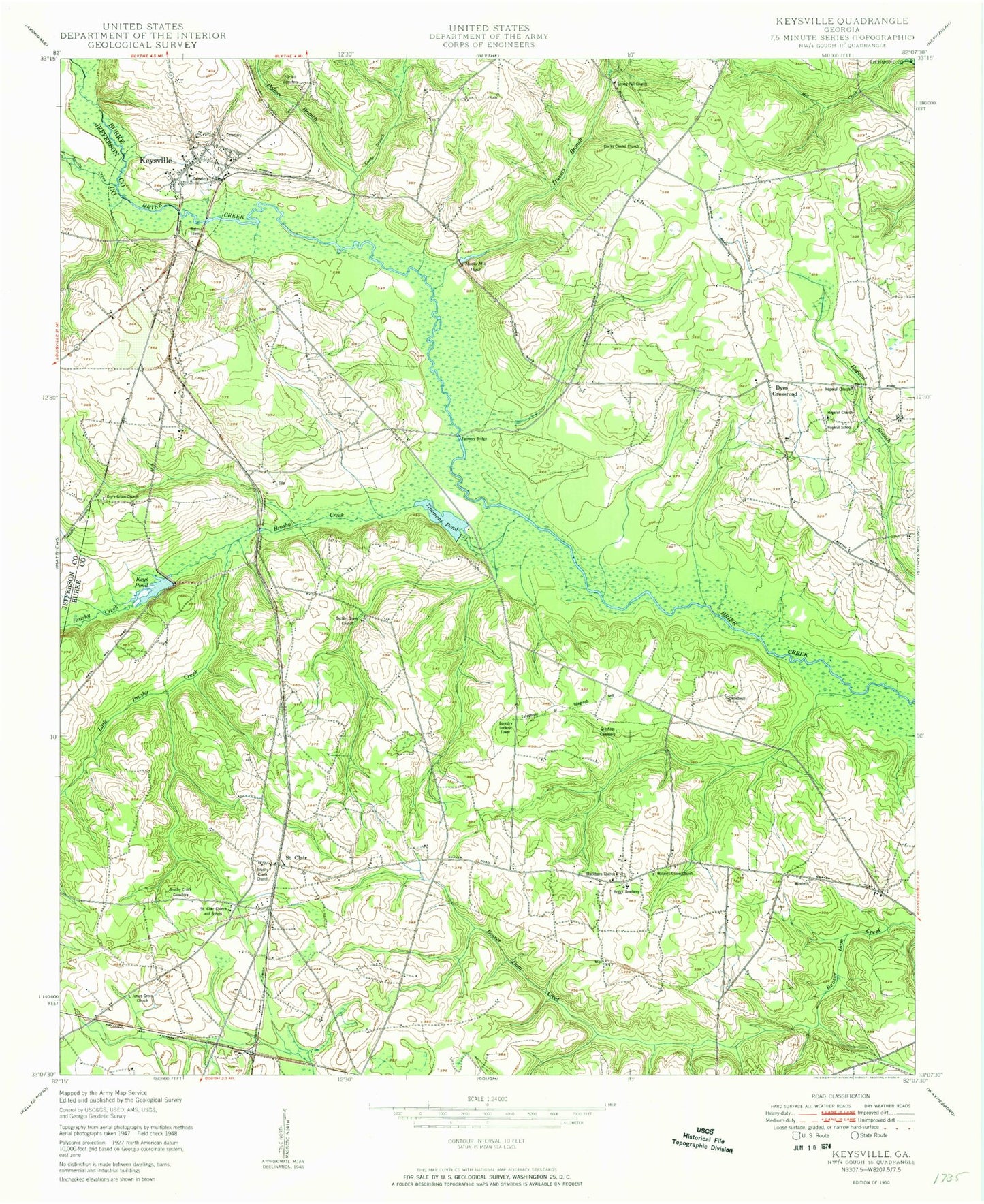 Classic USGS Keysville Georgia 7.5'x7.5' Topo Map Image