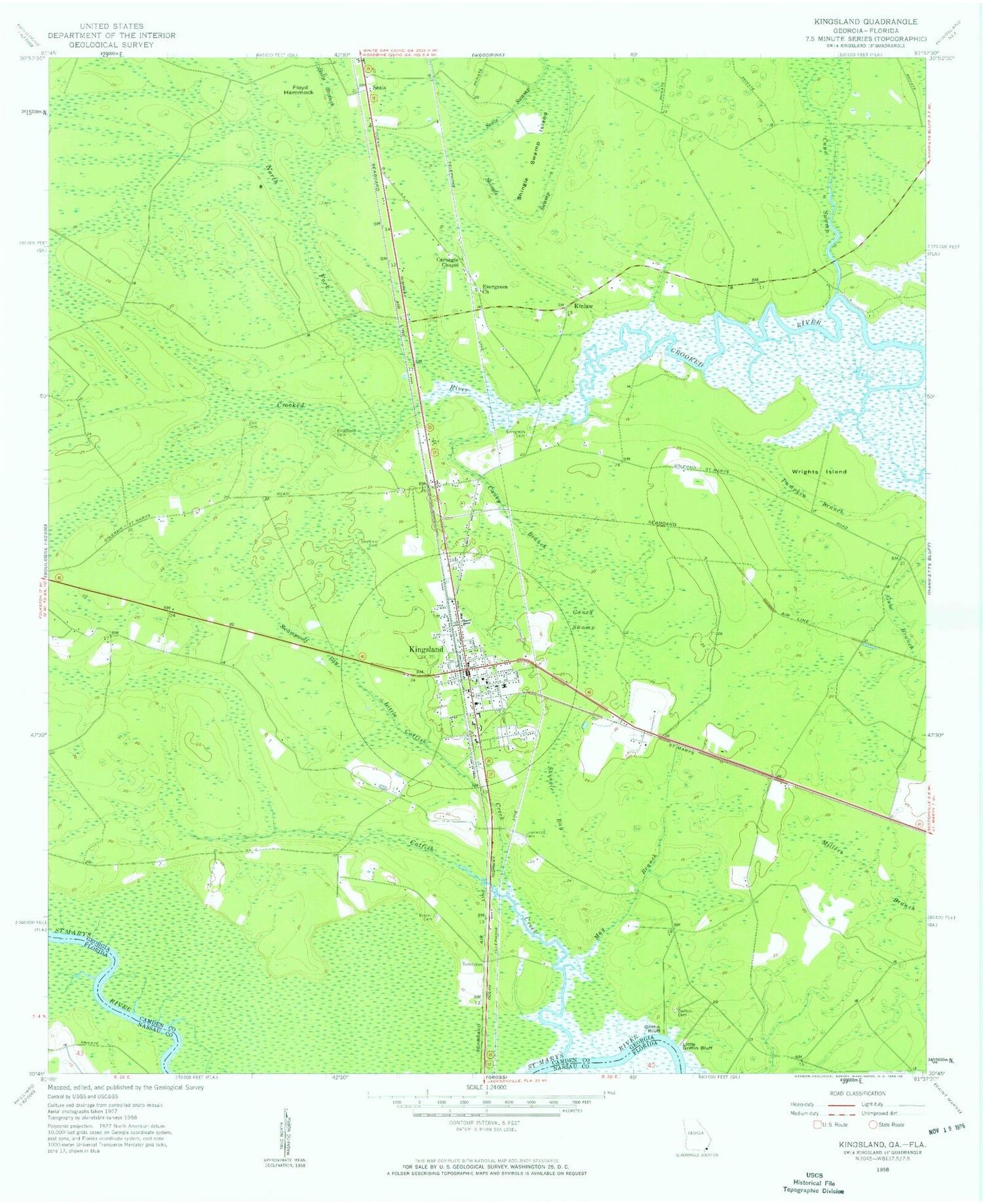 Classic USGS Kingsland Georgia 7.5'x7.5' Topo Map Image