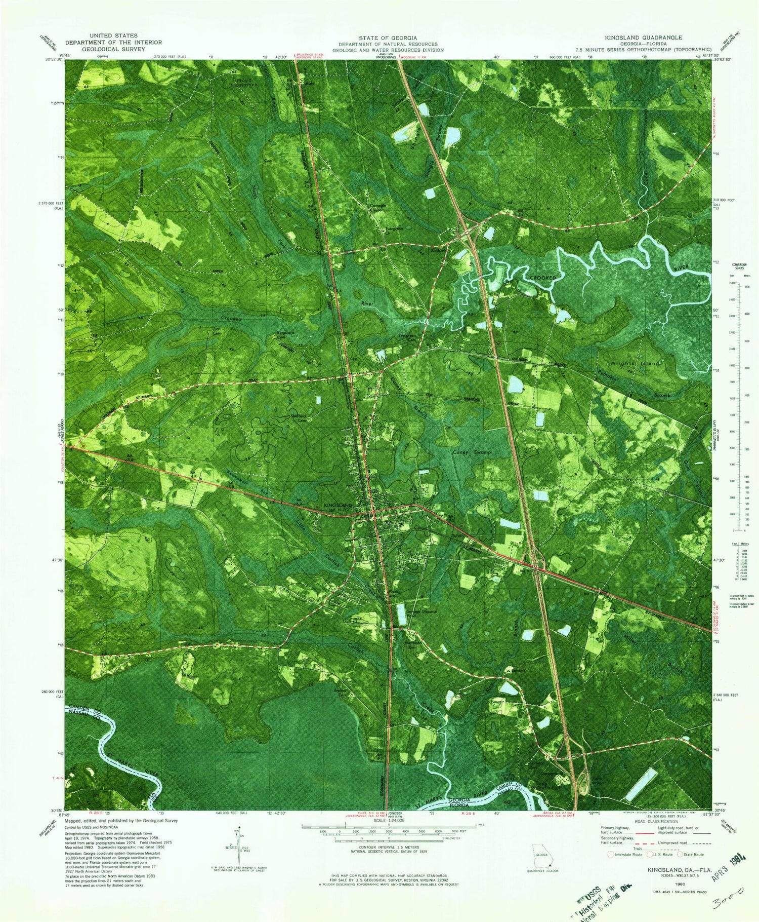Classic USGS Kingsland Georgia 7.5'x7.5' Topo Map Image