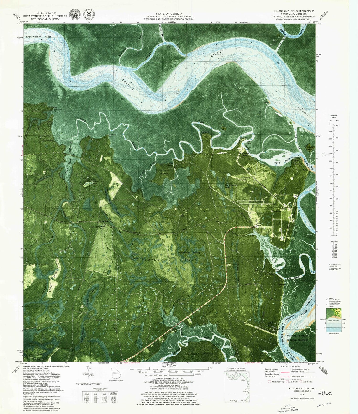 Classic USGS Kingsland NE Georgia 7.5'x7.5' Topo Map Image