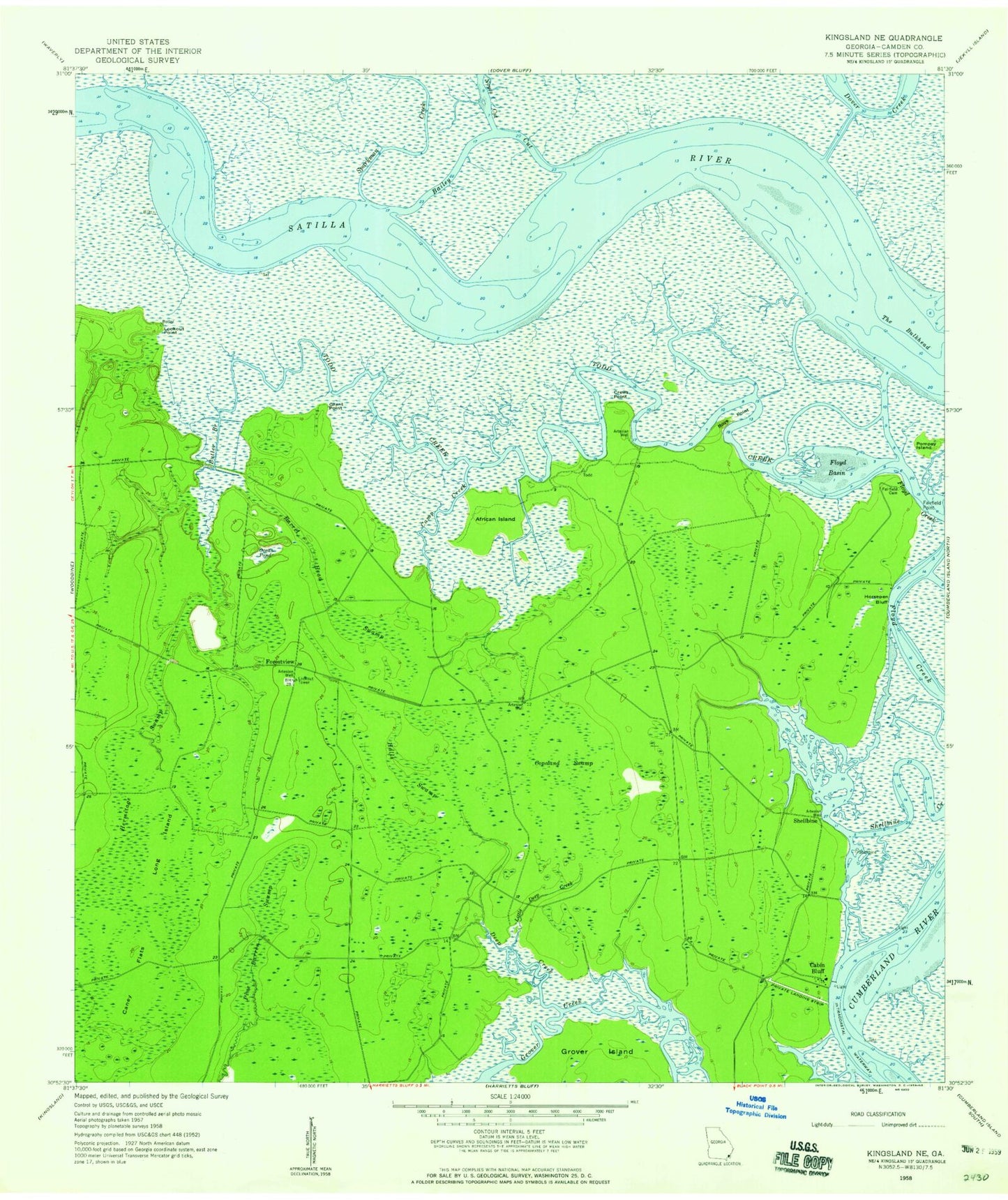 Classic USGS Kingsland NE Georgia 7.5'x7.5' Topo Map Image