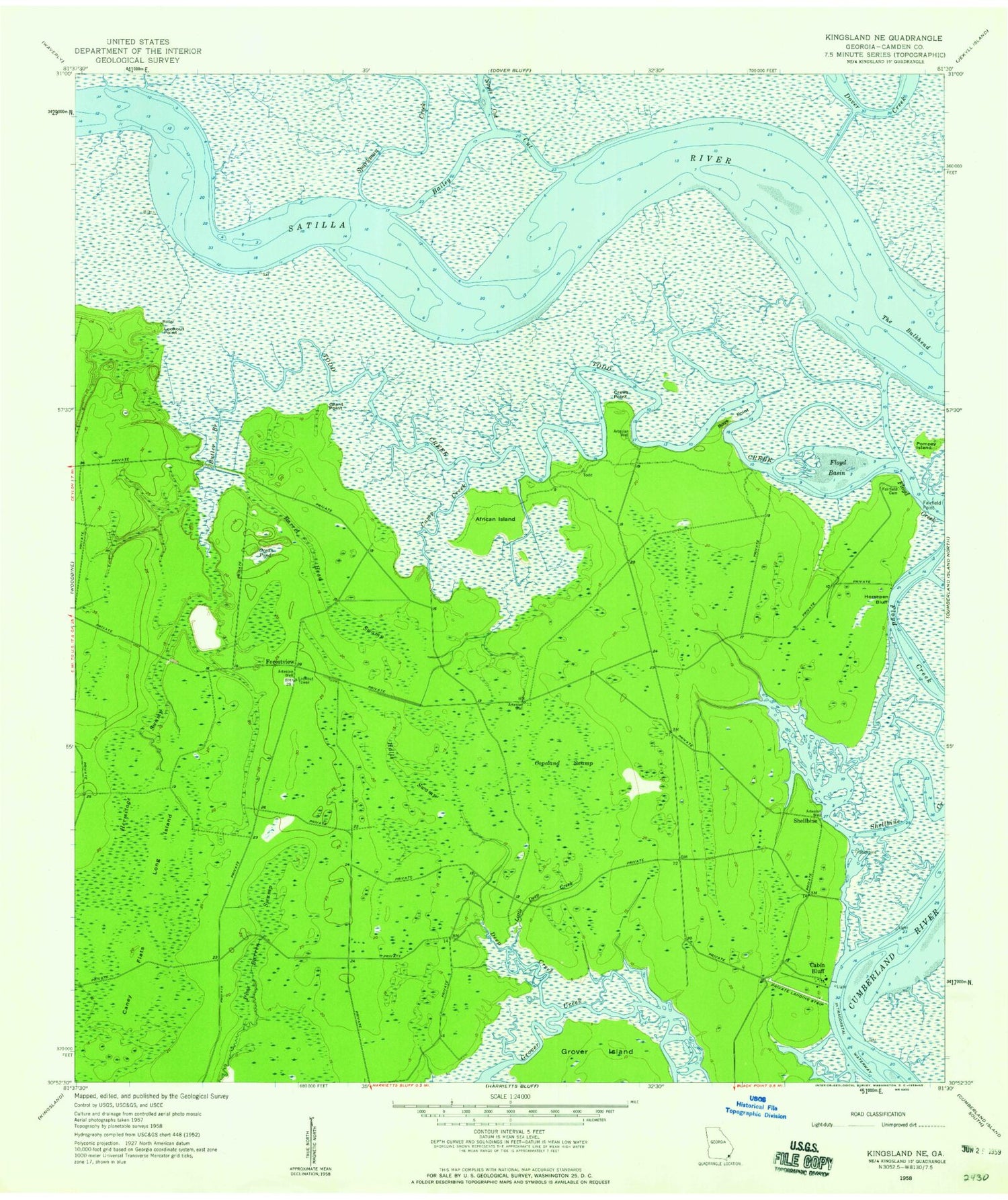 Classic USGS Kingsland NE Georgia 7.5'x7.5' Topo Map Image