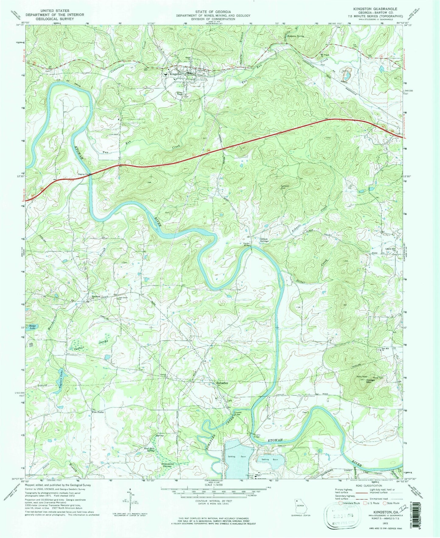 Classic USGS Kingston Georgia 7.5'x7.5' Topo Map Image