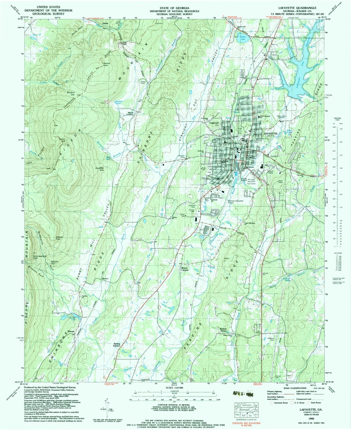 Classic USGS LaFayette Georgia 7.5'x7.5' Topo Map Image