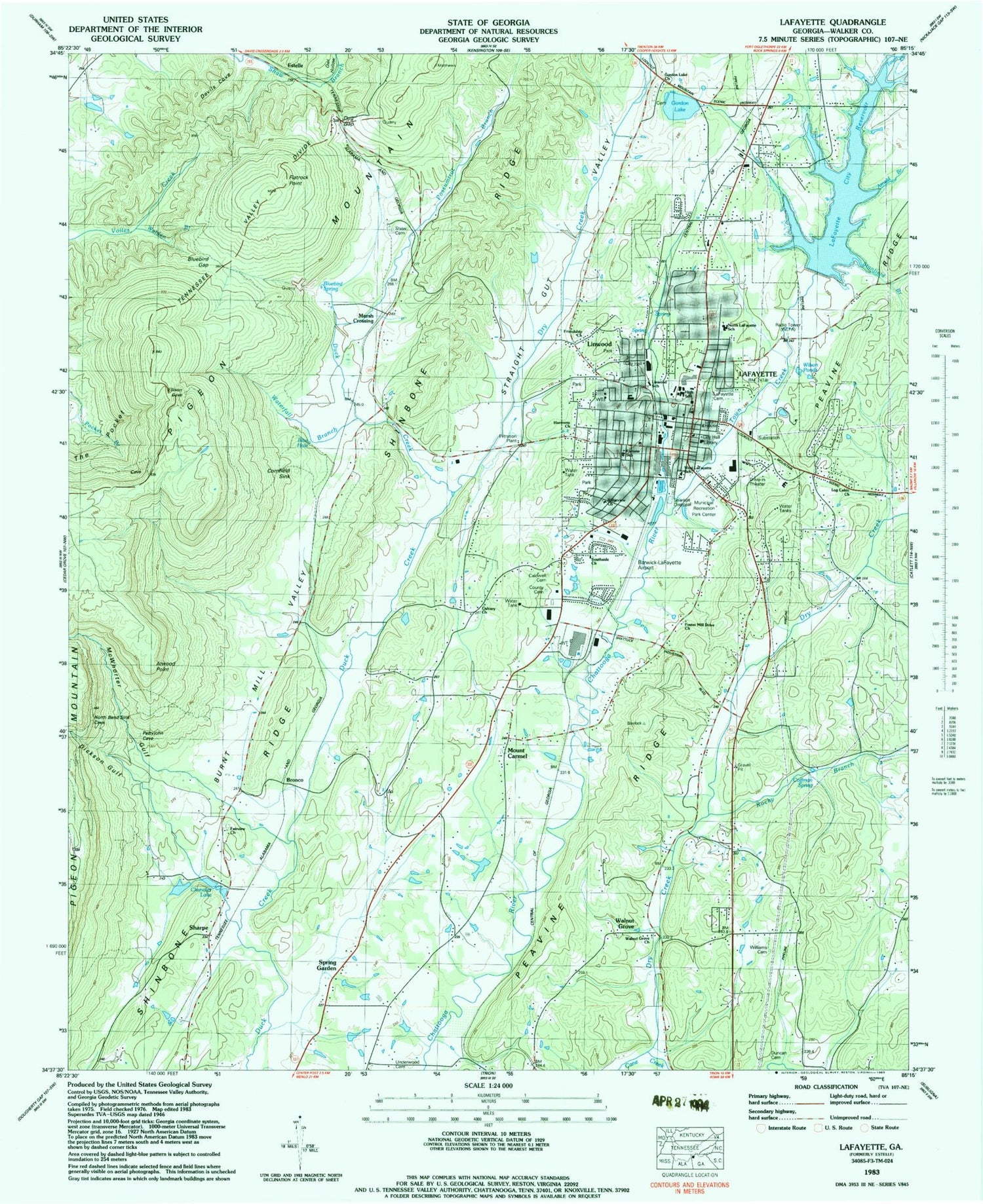 Classic USGS LaFayette Georgia 7.5'x7.5' Topo Map Image