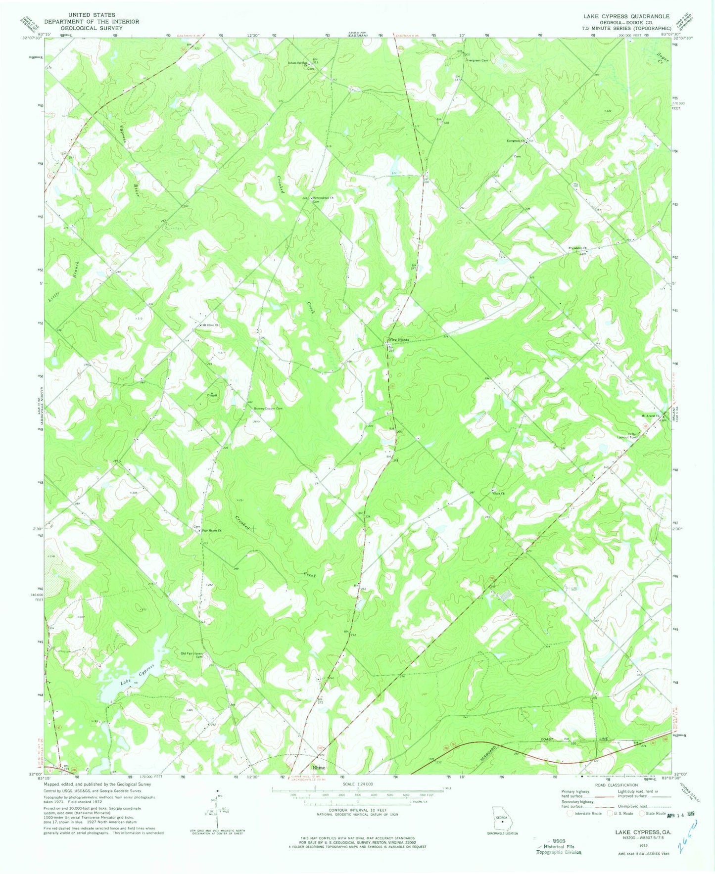 Classic USGS Lake Cypress Georgia 7.5'x7.5' Topo Map Image
