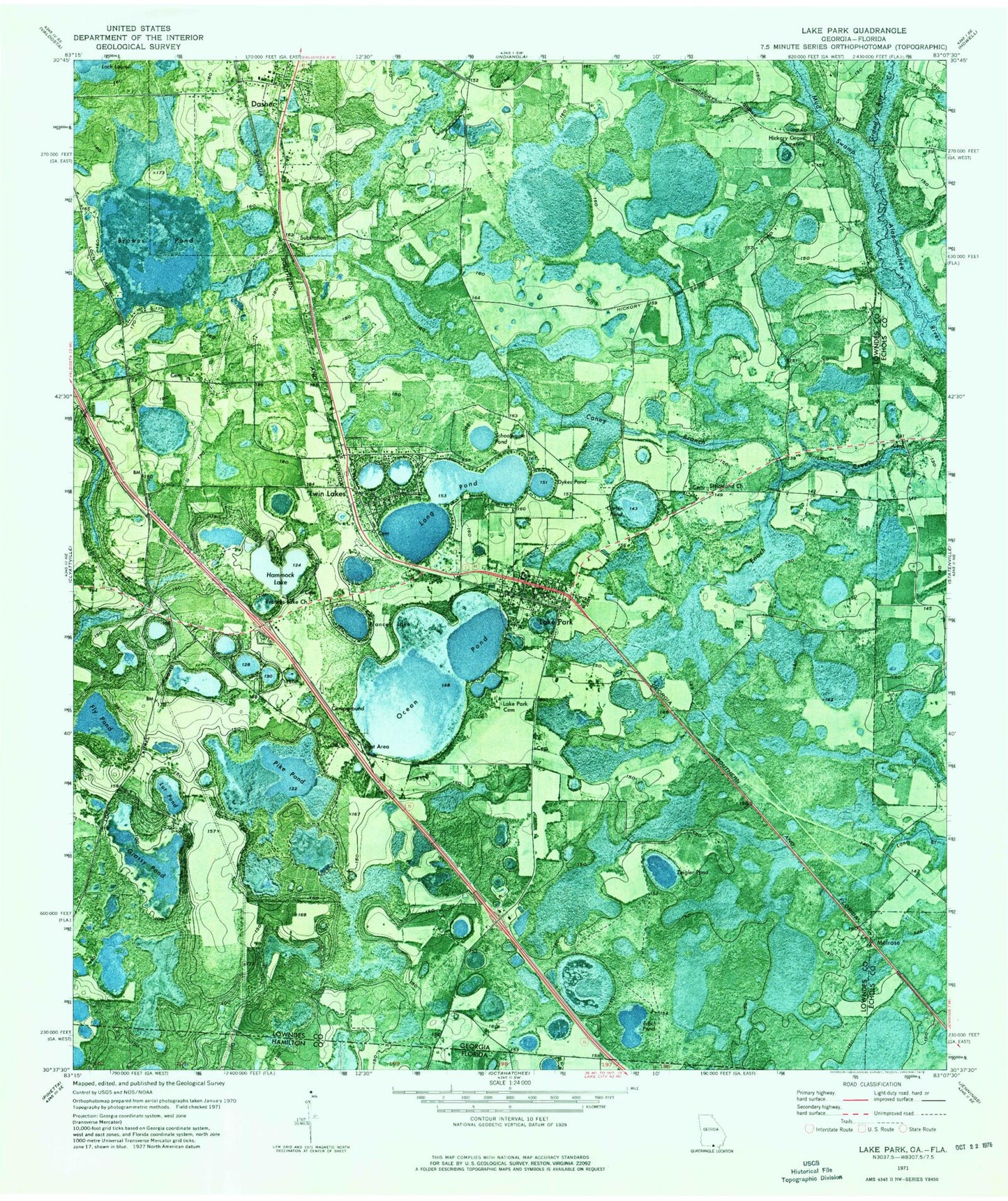 Classic USGS Lake Park Georgia 7.5'x7.5' Topo Map Image