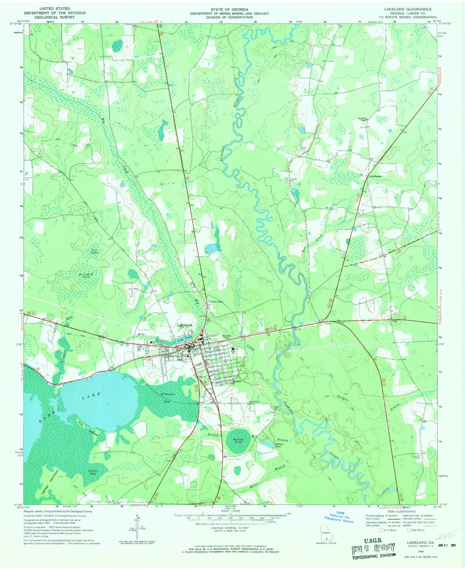 Classic USGS Lakeland Georgia 7.5'x7.5' Topo Map Image