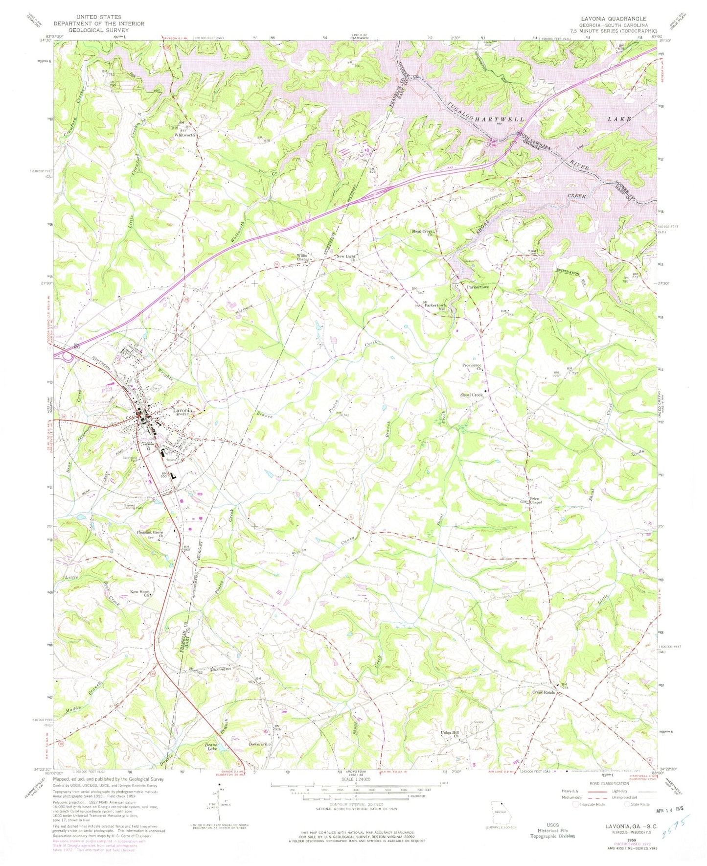Classic USGS Lavonia Georgia 7.5'x7.5' Topo Map Image