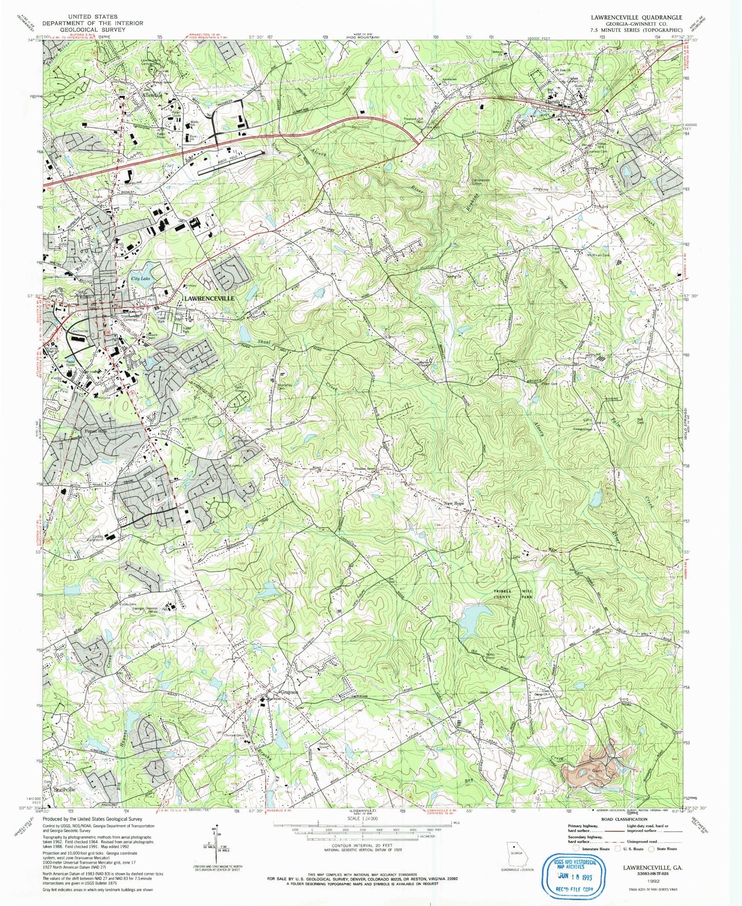 Classic USGS Lawrenceville Georgia 7.5'x7.5' Topo Map Image